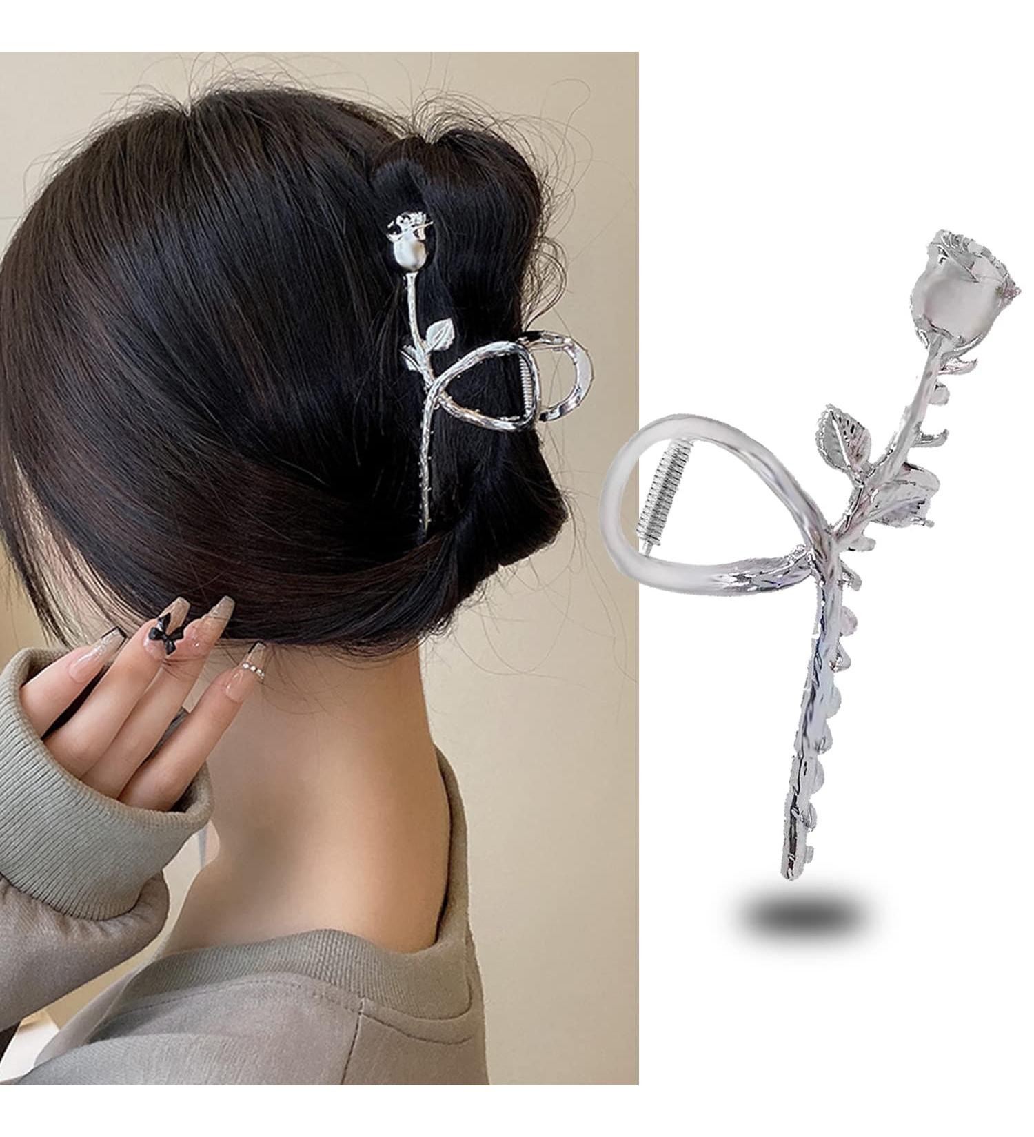 Silver Rose Flower Hair Claw Clip - Elegant and Noble Design for Women with Thick or Thin Hair - Stylish Must-Have Accessory - Buy Online on GoSupps.com