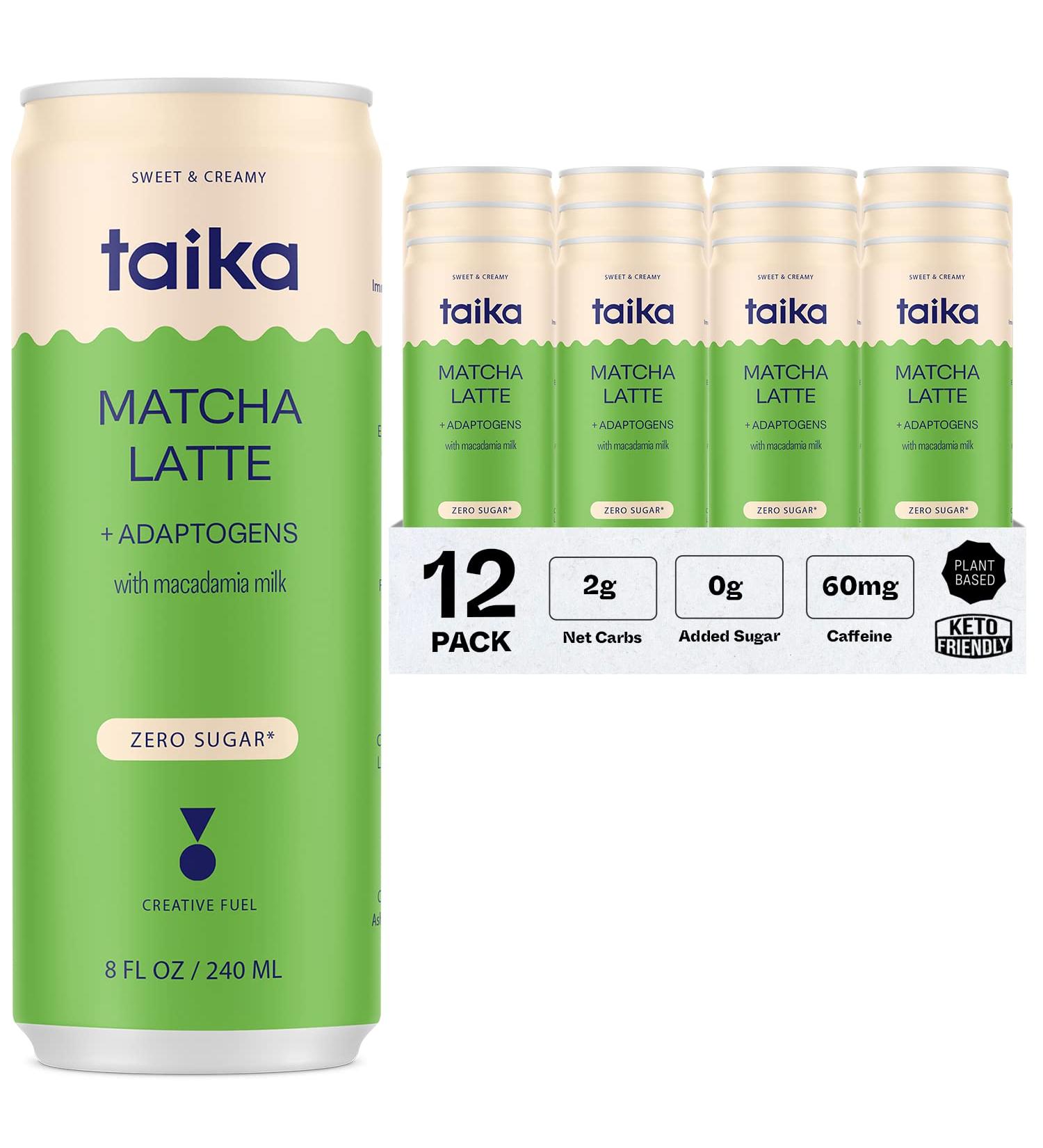 Taika Matcha Latte: Organic Ceremonial Grade Matcha, Ashwagandha, Lions Mane, Cordyceps, Reishi & L-Theanine - Ready to Drink Hot & Cold, 8 Fl Oz (Pack of 12) - Buy Online on GoSupps.com
