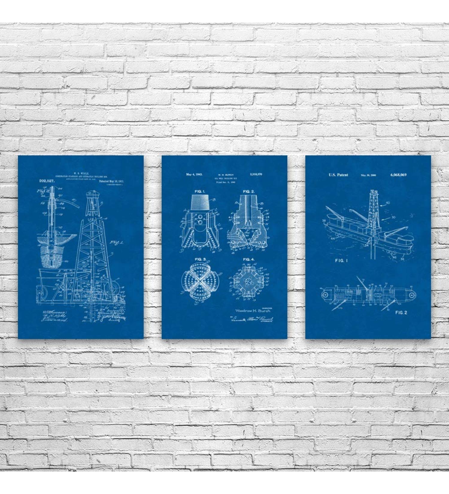 Patent Earth Oil Drilling Posters Set of 3 (9x12) Rig Worker Roughneck Gift Oil Industry Art Oil Well Blueprint Energy Contractor Blueprint