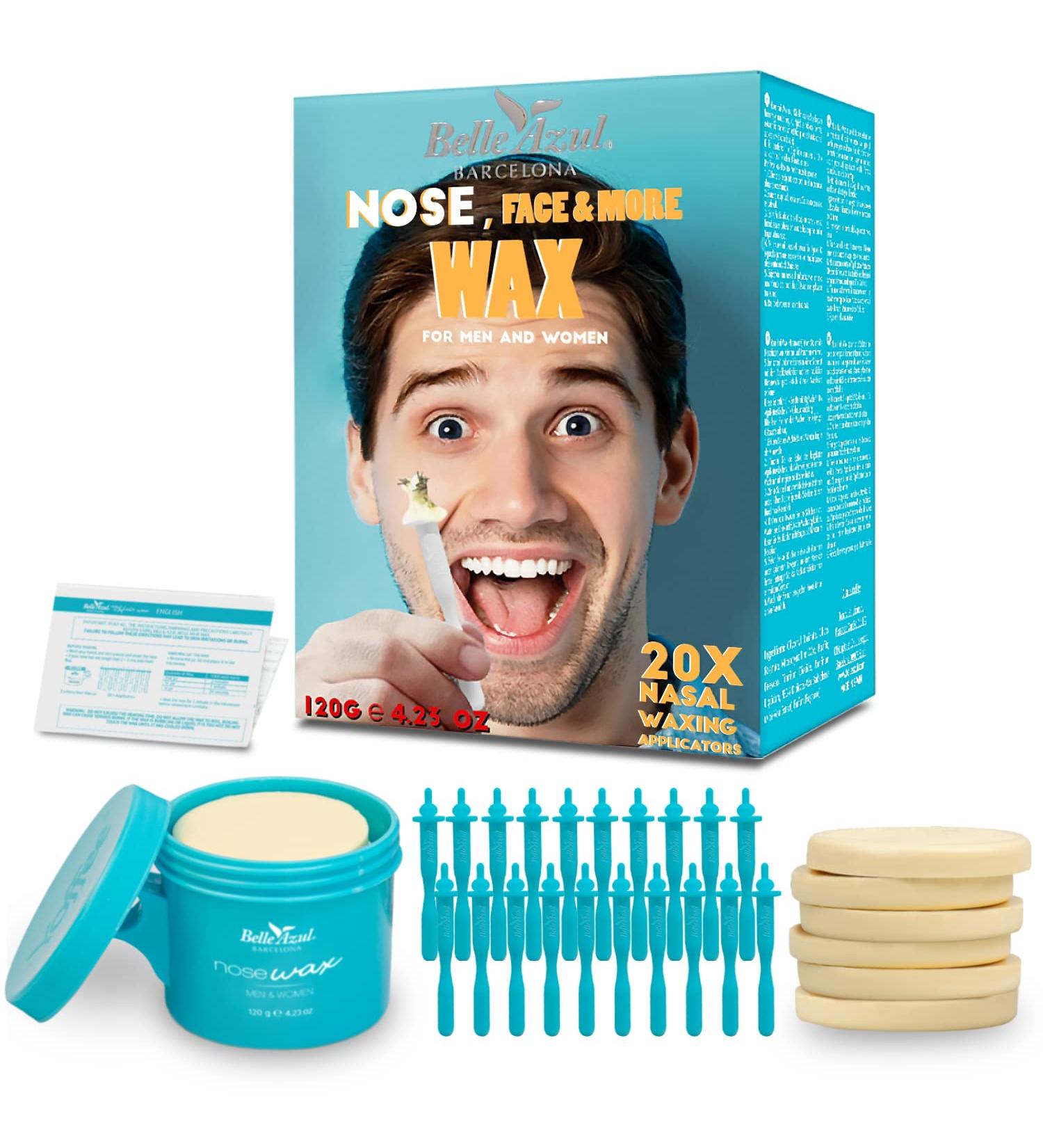 Belle Azul Nose Wax Kit - Natural Beeswax 120g for Quick & Painless Nasal Hair Removal - Anti-Spill Technology - 20 Applicators - Made in Spain - Buy Online on GoSupps.com
