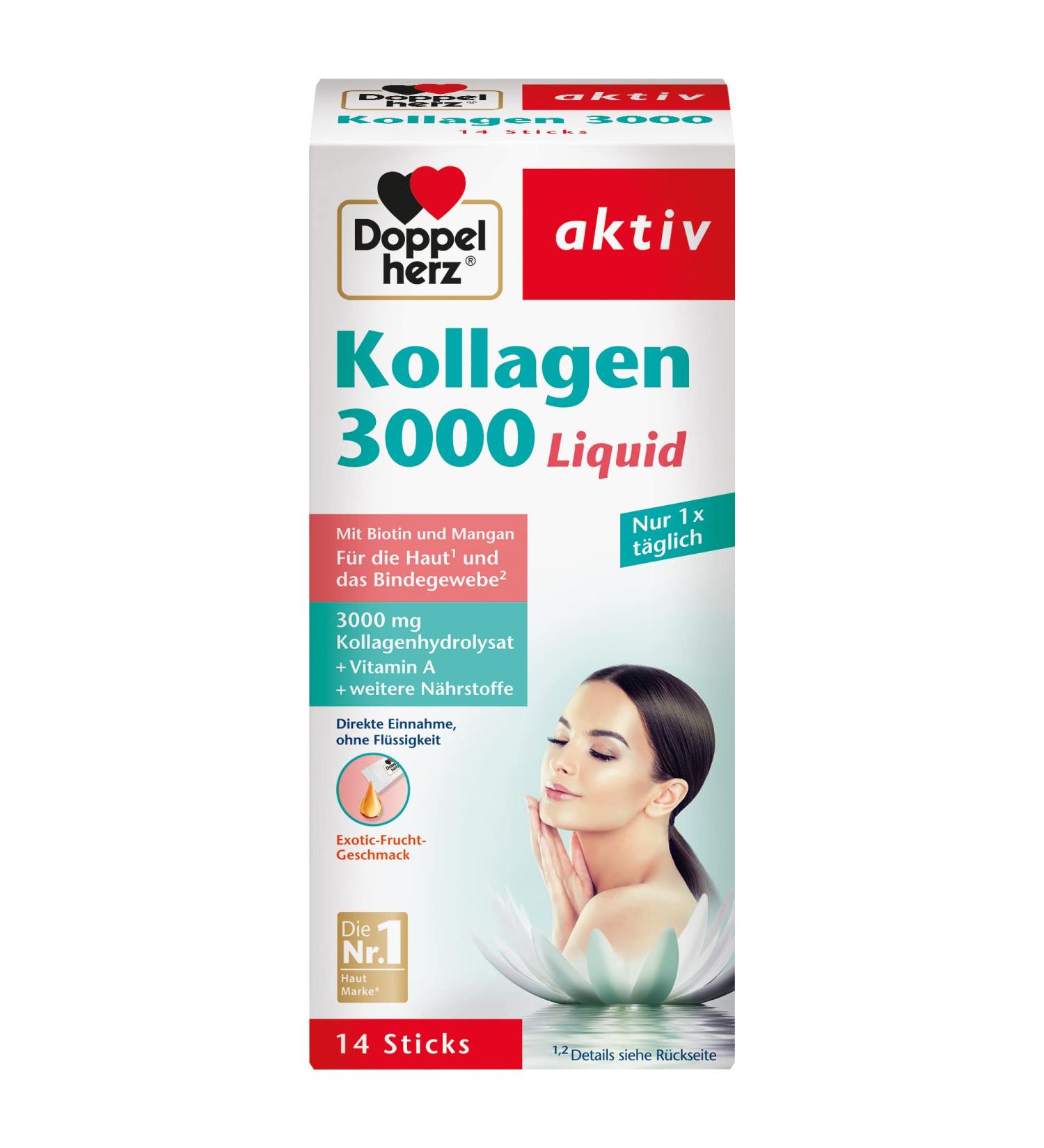 Double-Heart Collagen 3000 Liquid - Skin & Connective Tissue Formula with Vitamin A Zinc & Biotin - 14 Portion Bag for Healthy Skin - 1 Pack - Buy Online on GoSupps.com