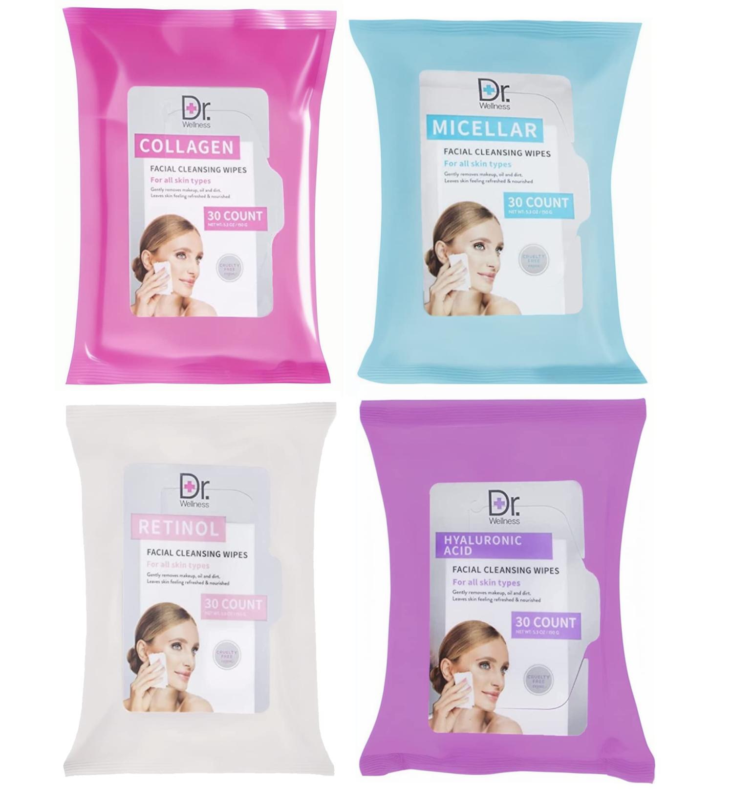 Face Wipes Variety Pack | 120 Micellar Wipes for Makeup Removal & Facial Cleansing | Includes 30 Collagen Retinol & Hyaluronic Acid Wipes - Buy Online on GoSupps.com