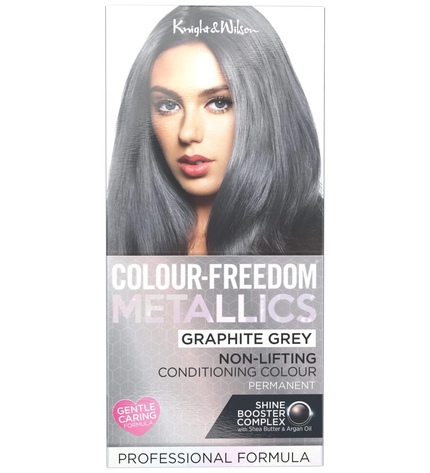 Colour Freedom Metallic Permanent Graphite Grey Conditioning Hair Dye. Infused with Shea Butter and Argan Oil for Ultra Glossy Conditioned Hair. 100% grey coverage. By Knight & Wilson. Graphite Grey 1 Count (Pack of 1)