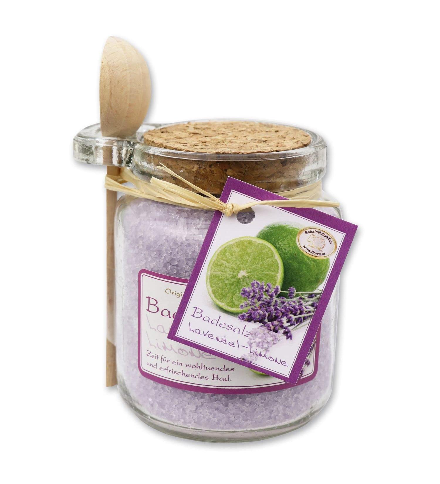 Florex bath salt lavender-lime in decorative glass with wooden spoon 300 g