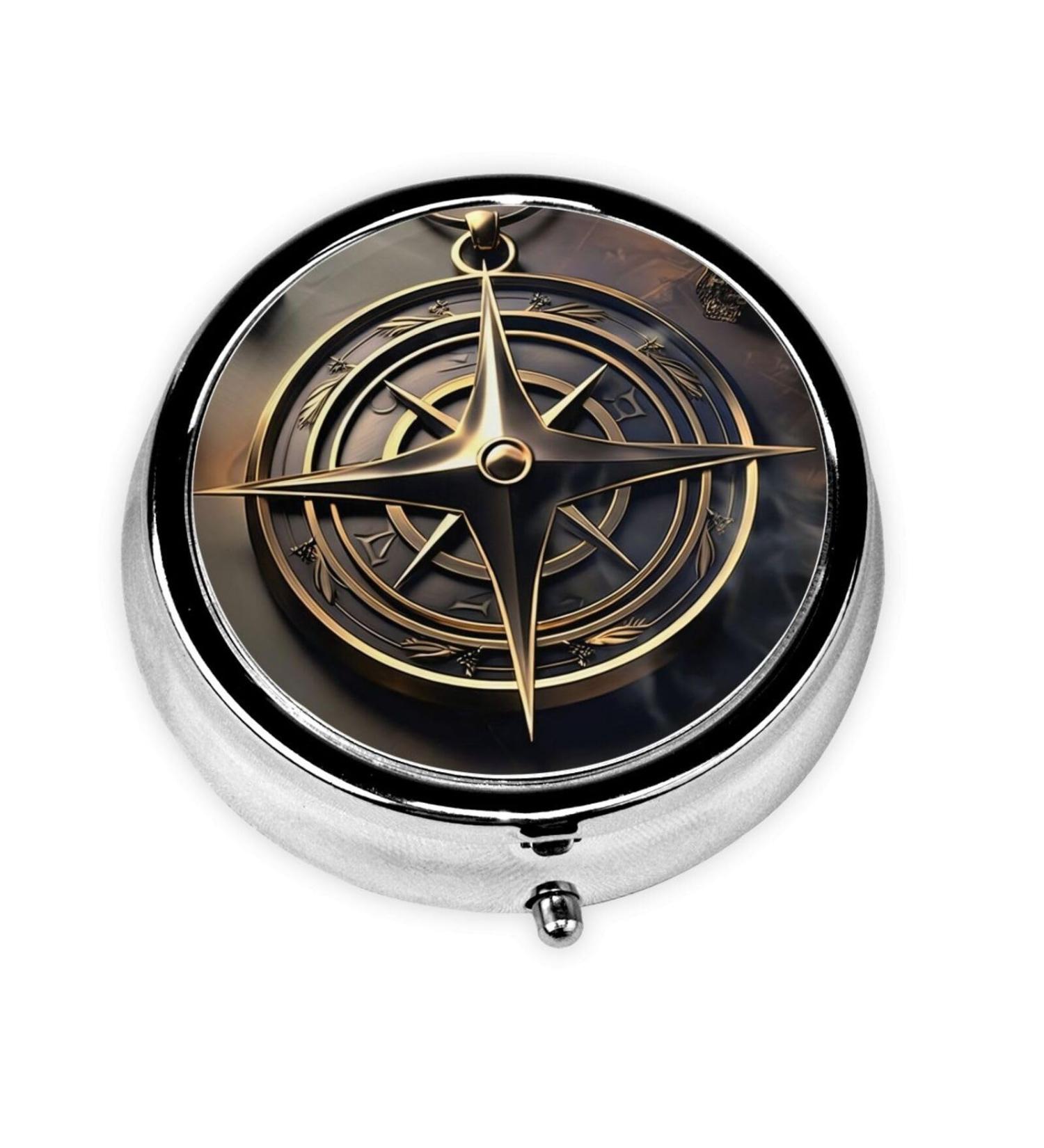 Magic Rune Compass Portable Metal Pill Box | Round Mini 3-Compartment | Ideal for Travel & Small Pills | Hinged Design | Black - Buy Online on GoSupps.com