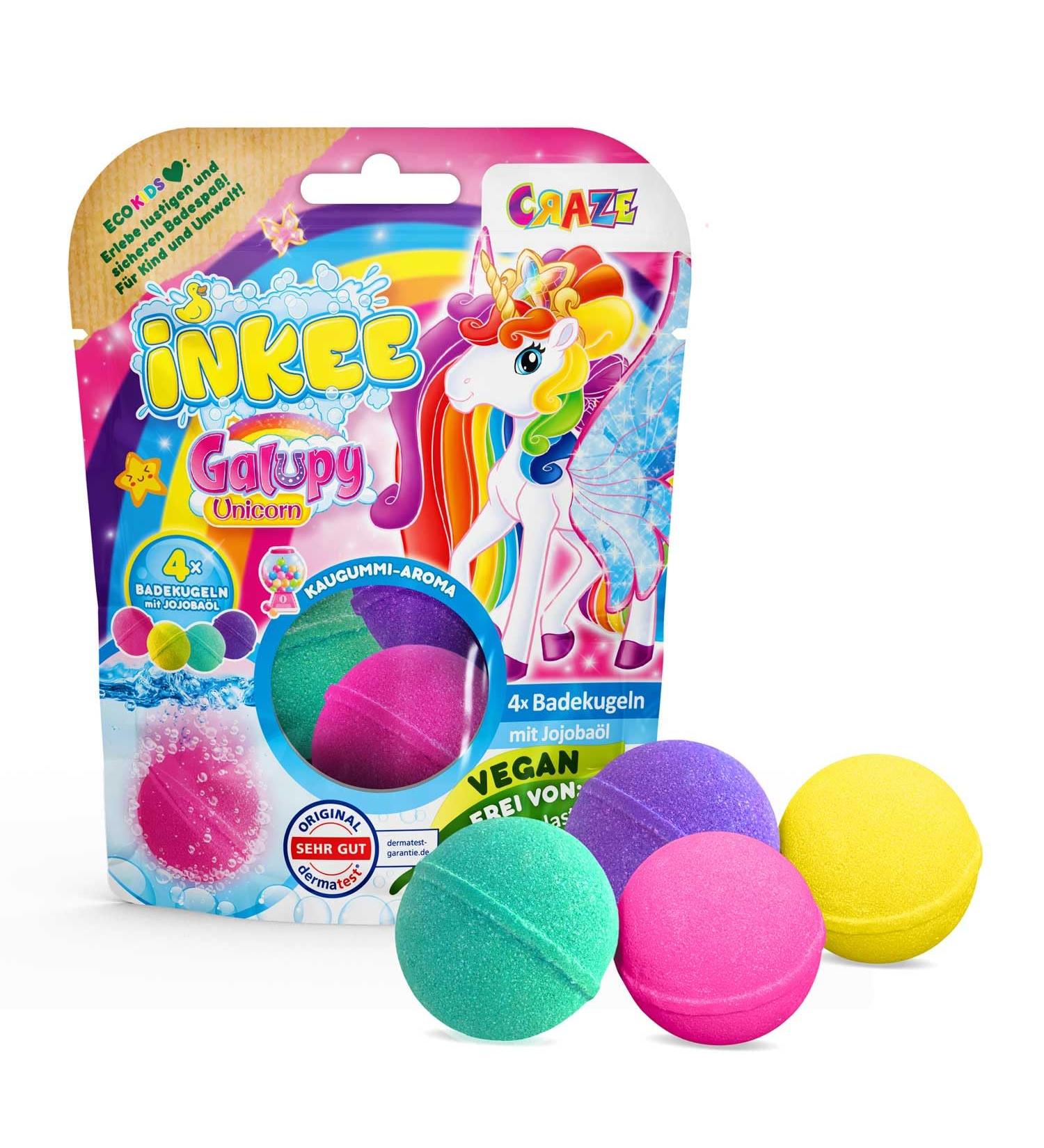 INKEE Galupy Unicorn Bath Bombs | 4 Bubble Gum Aroma Bath Balls for Kids | Jojoba Oil Infused | International Shipping - Buy Online on GoSupps.com