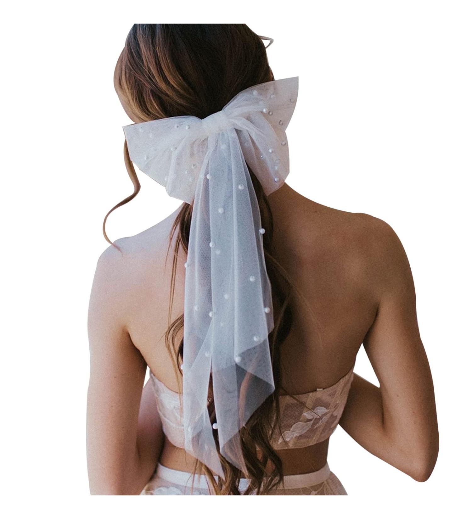 Bridal Hair Bow Veil with Pearl Barrette - Wedding & Bachelorette Party Decorations - Buy Online on GoSupps.com