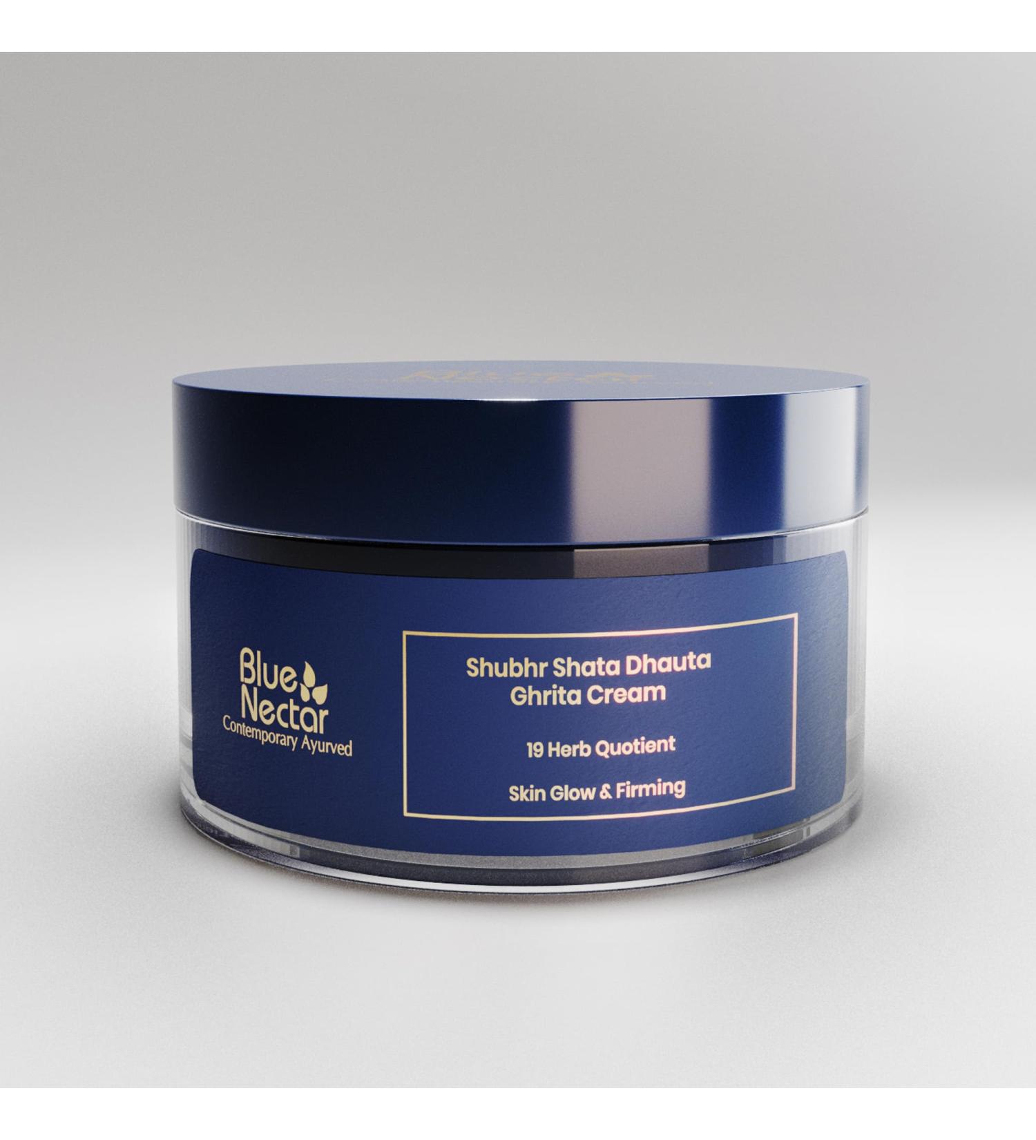 Blue Nectar Shata Dhauta Ghrita Face Cream for Women | 100 Times Washed Ghee Lightweight Face Moisturizer for Women | Truly Natural Face Cream for Glowing Skin (19 Herbs 50g) - Buy Online on GoSupps.com