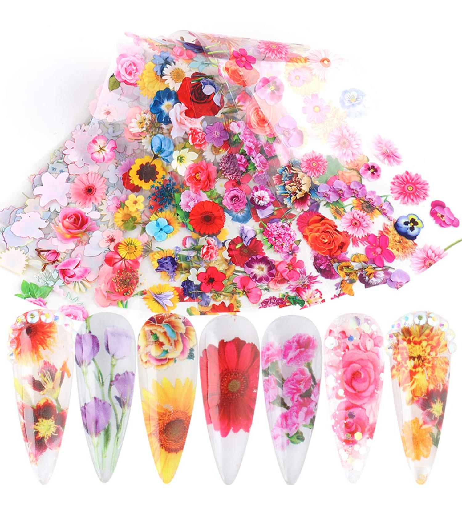 Colorful Flower Nail Foils - Nail Art Glue Transfer Decals for Acrylic Nails - 10 Sheets - Buy Online on GoSupps.com