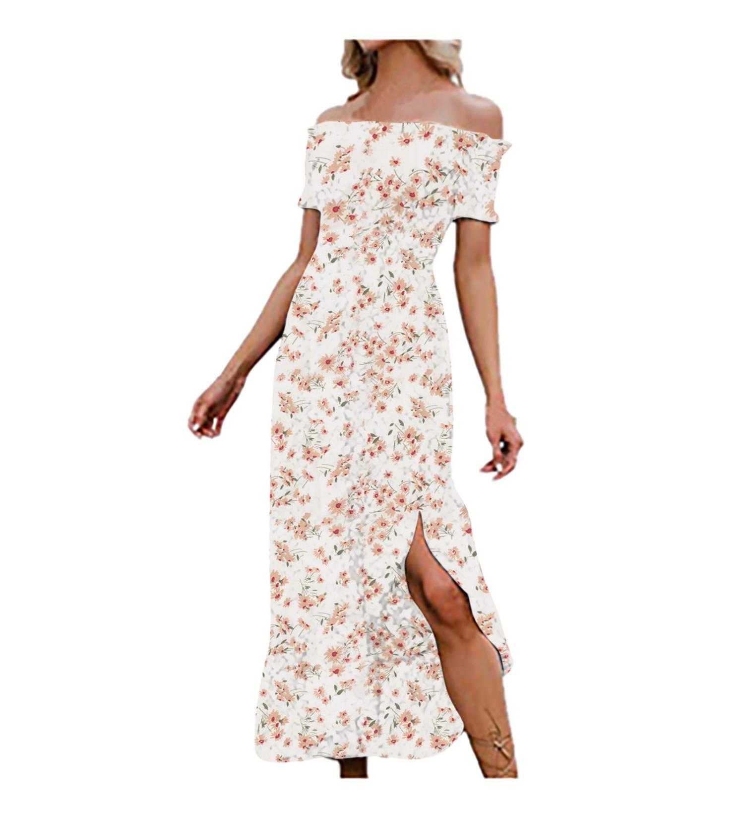 Women's Off Shoulder Chiffon Maxi Dress - Sexy Beach Fashion Print Split Dress - Short Sleeve Slash-Neck - XX-Large White - Buy Online on GoSupps.com