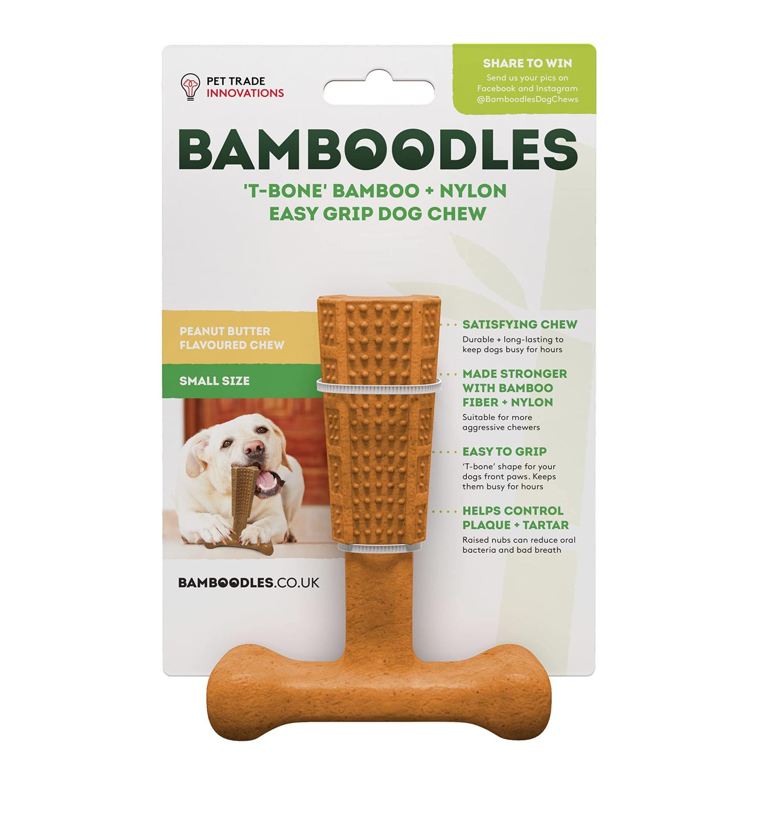 Bamboodles T-Bone Chew Toy for Dogs - Small 4" Peanut Butter Flavour for All Breed Sizes - Buy Online on GoSupps.com