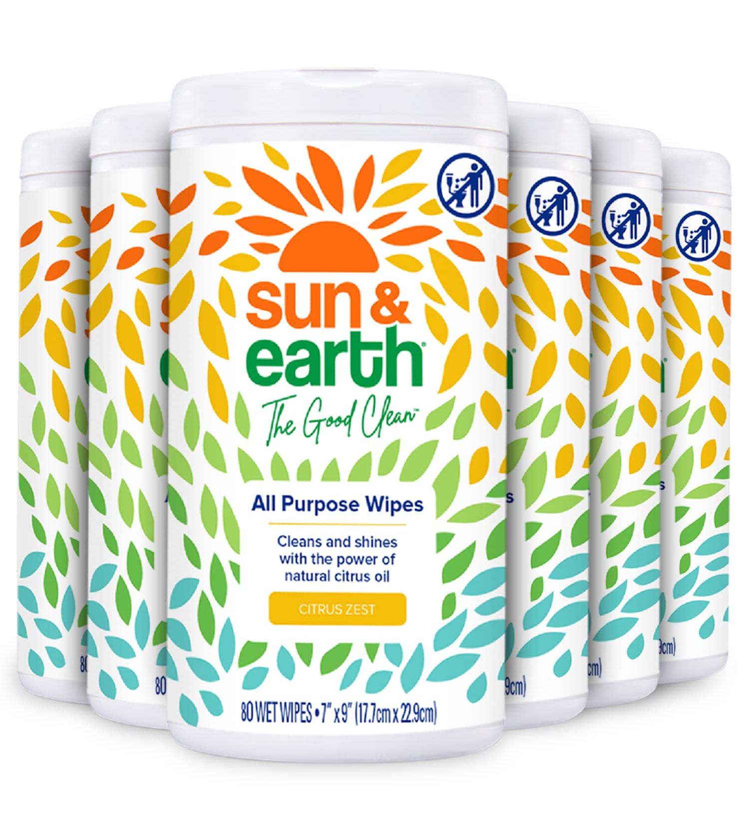 Buy Sun & Earth All Purpose Cleaner Wipes - Bulk Pack of 6 | 480 Plant-Based Natural Citrus Scent Wipes for Safe Household Cleaning - Buy Online on GoSupps.com