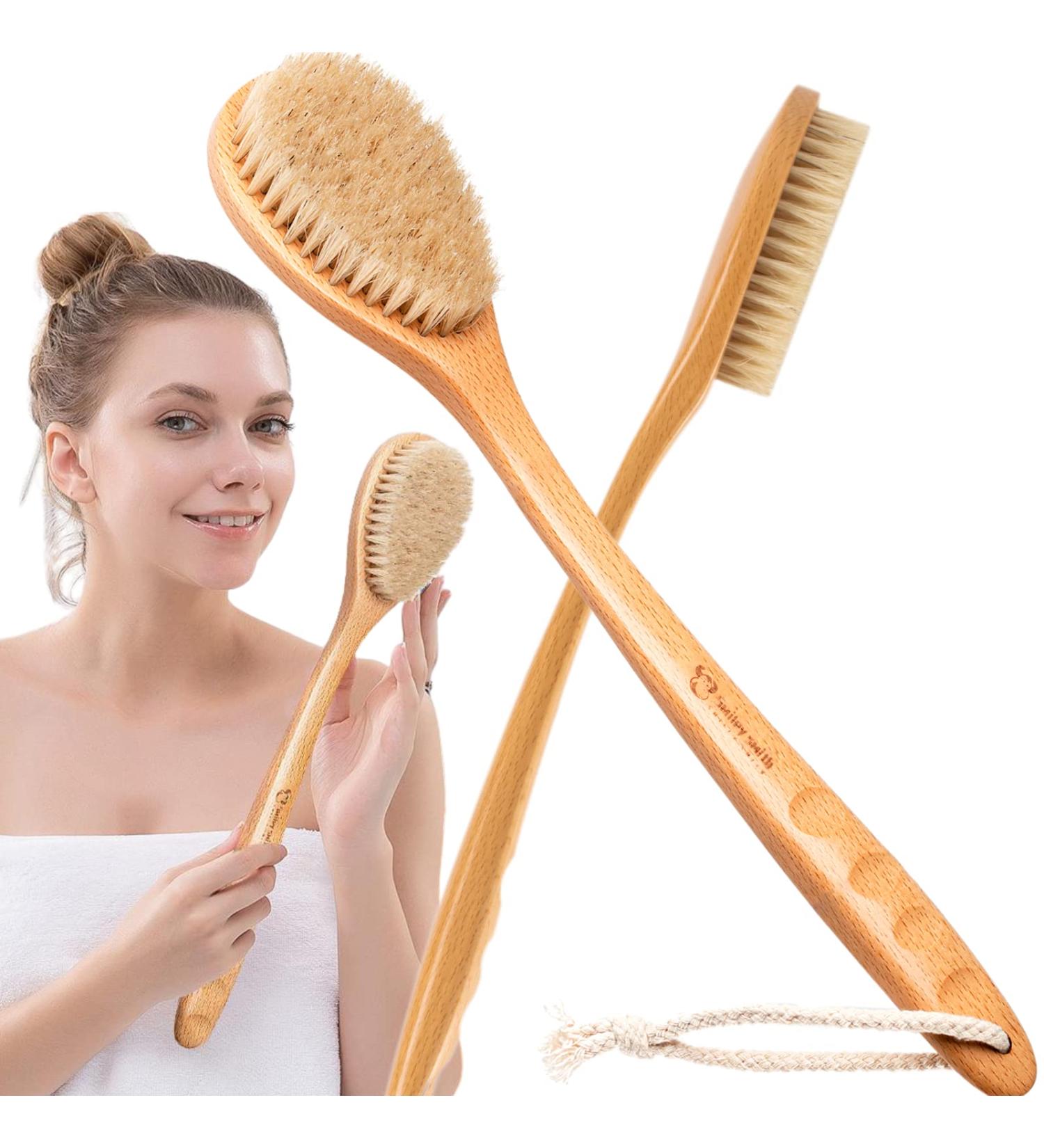 Dry Brushing Body Brush for Smooth Skin & Cellulite Reduction - Long Handle Shower Back Brush with Natural Bristles for Skin Massage & Circulation Boost - Buy Online on GoSupps.com
