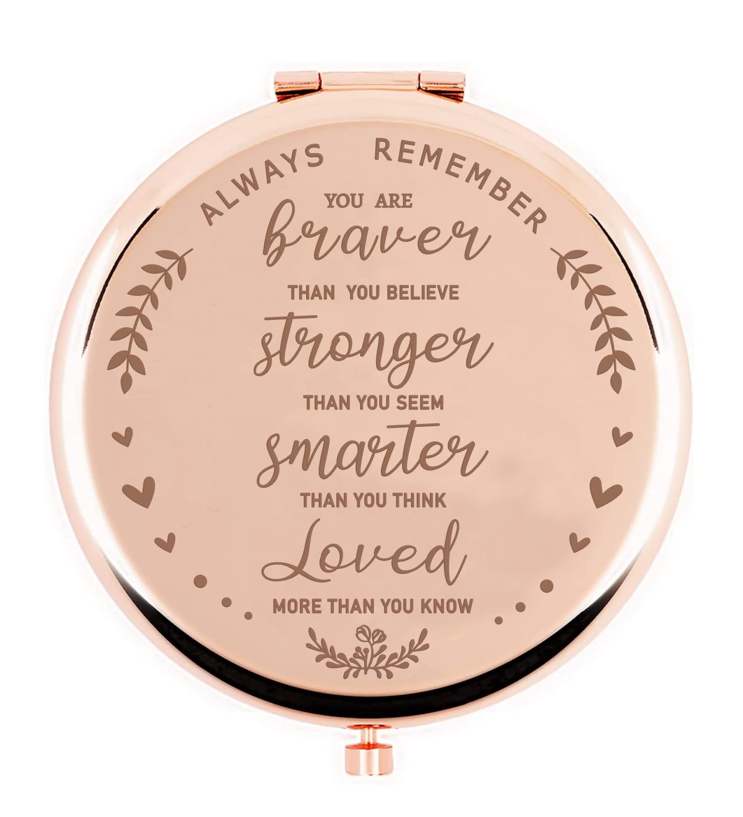 Hiipeenow Rose Gold Compact Mirror - Inspirational Gift for Women - Braver Than You Believe - Birthday Encouragement - Buy Online on GoSupps.com