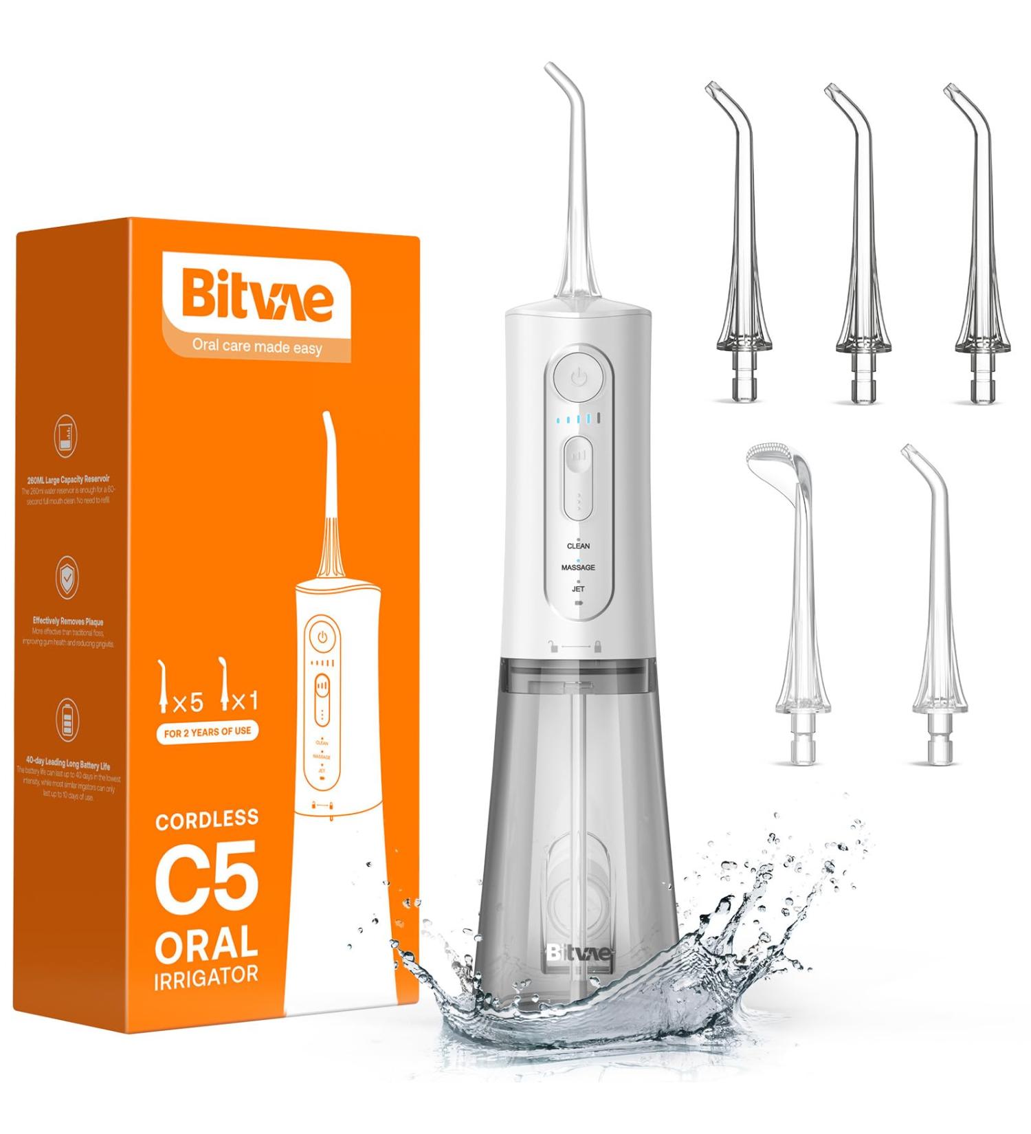 Bitvae Cordless Water Flosser - 3 Modes, 5 Intensities, 6 Jet Tips, USB Rechargeable - Oral Irrigator for Teeth - Waterproof & Shower-friendly - White - Buy Online on GoSupps.com