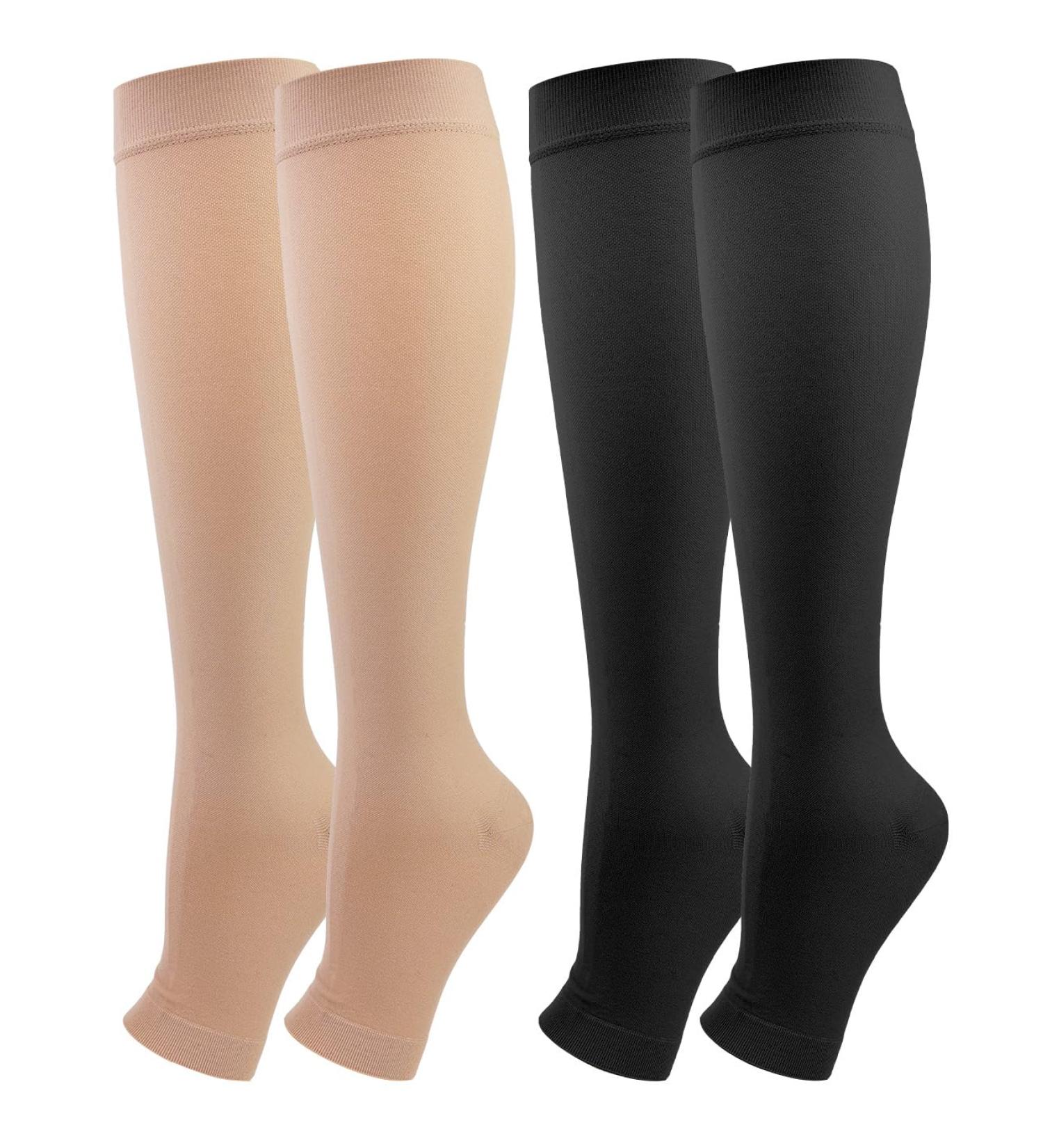 Buy Medical Compression Stockings 20-30 mmHg for Women & Men - Varicose Veins & Edema Support - XXL Black + Beige - Open Toe Sparkle Design - Buy Online on GoSupps.com