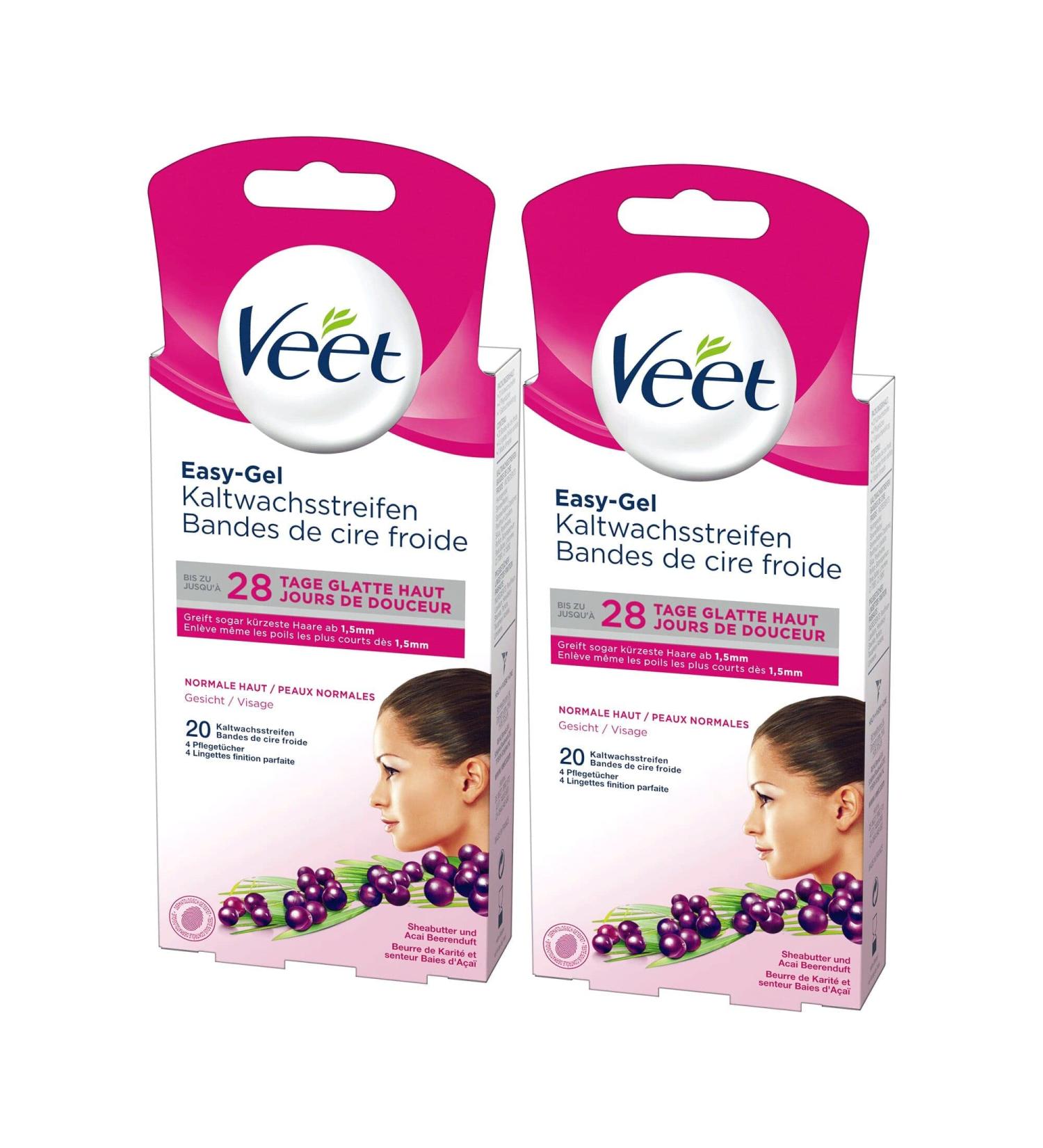 Veet Easy Gel Cold Wax Strips for Normal Skin - 20 Double Strips for 40 Applications - Up to 28 Days of Smooth Skin - Minimal Ingredients - Ideal for Face - Buy Online on GoSupps.com