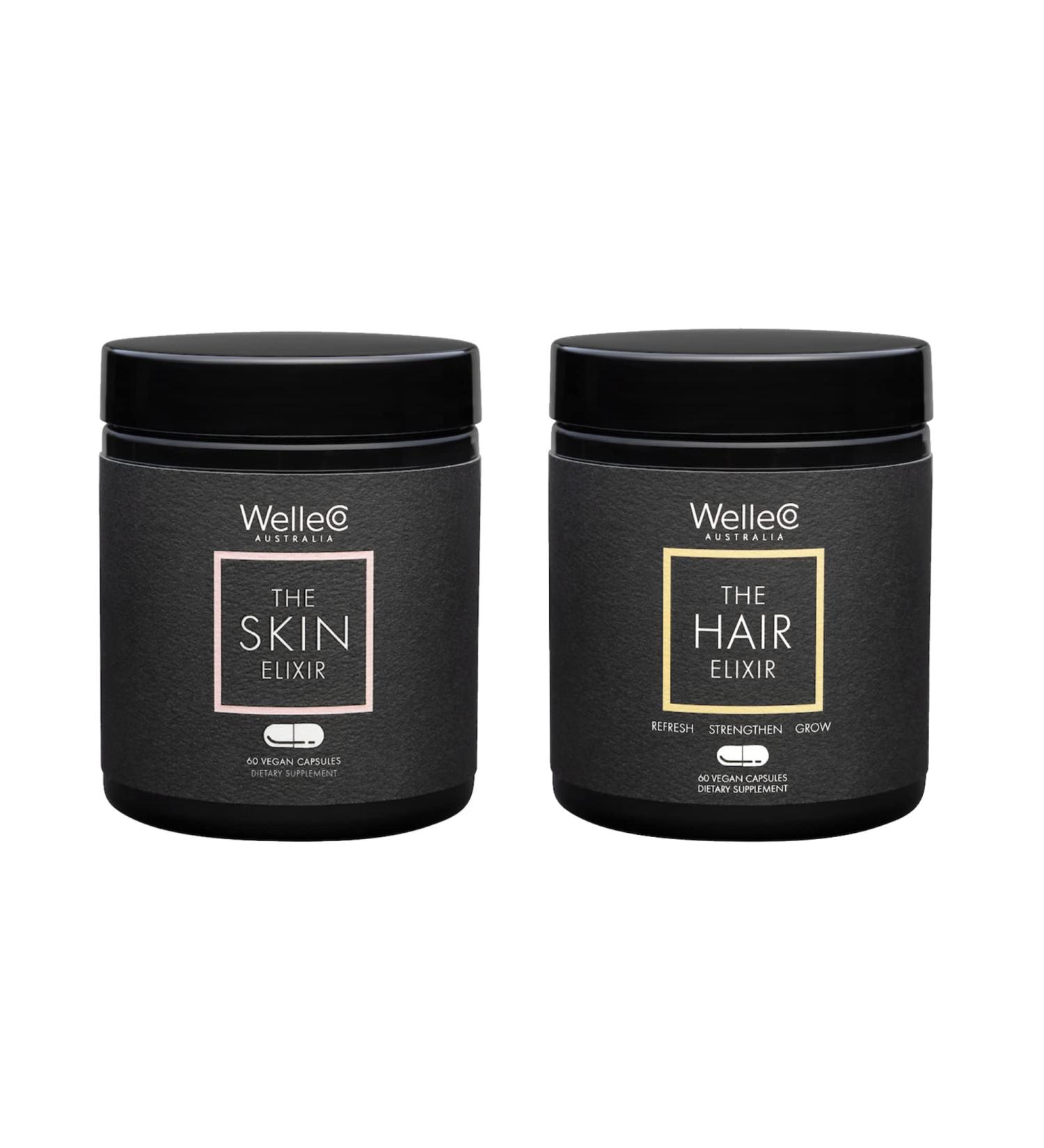 WelleCo The Skin Elixir + The Hair Elixir Vegan Beauty Supplements Bundle Promotes Hair Growth & Reduces Breakage Supports Healthy Skin & Collagen Formation 60 Capsules Each - Buy Online on GoSupps.com