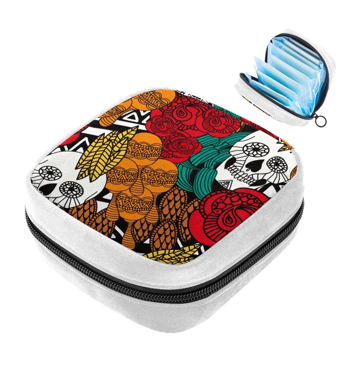 Colorful Skull Pattern Sanitary Napkin Storage Bag - Period Tampon Makeup Pad Pouch - Buy Online on GoSupps.com
