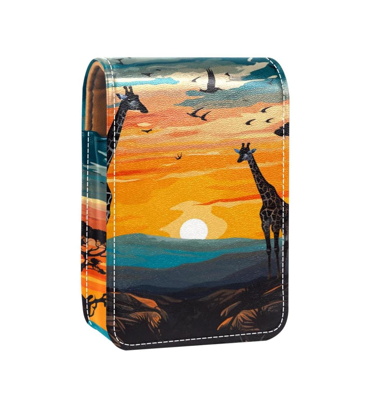 Travel Lipstick Organizer Case | Portable Makeup Bag with Mirror | Africa Sunset Giraffes Design | Shop Now - Buy Online on GoSupps.com