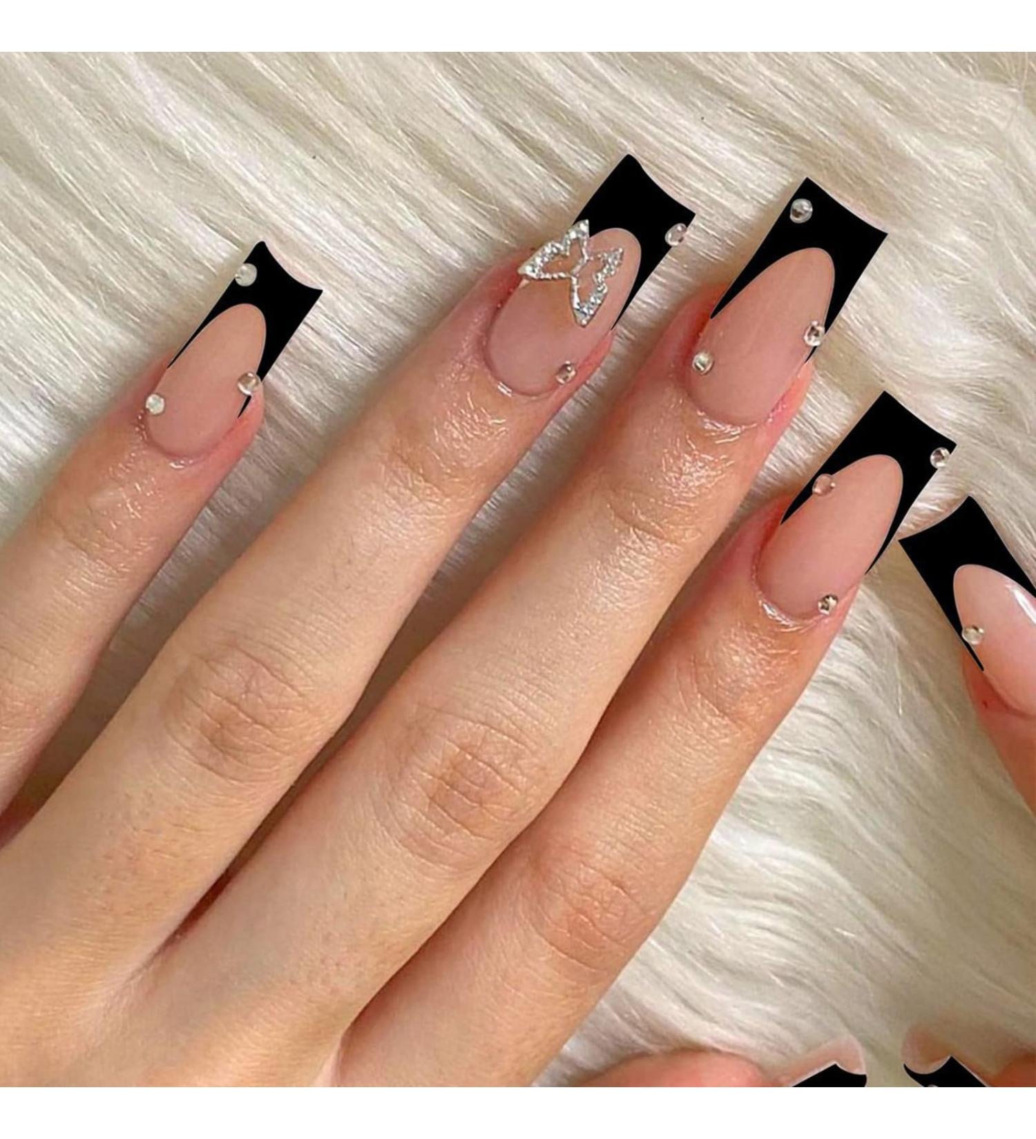 Kotkiddy 24PC Long Press-On Nails - Black French Tips Butterfly Rhinestones & Glossy Coffin Style - Full Cover Stick-On Fake Nails - Buy Online on GoSupps.com