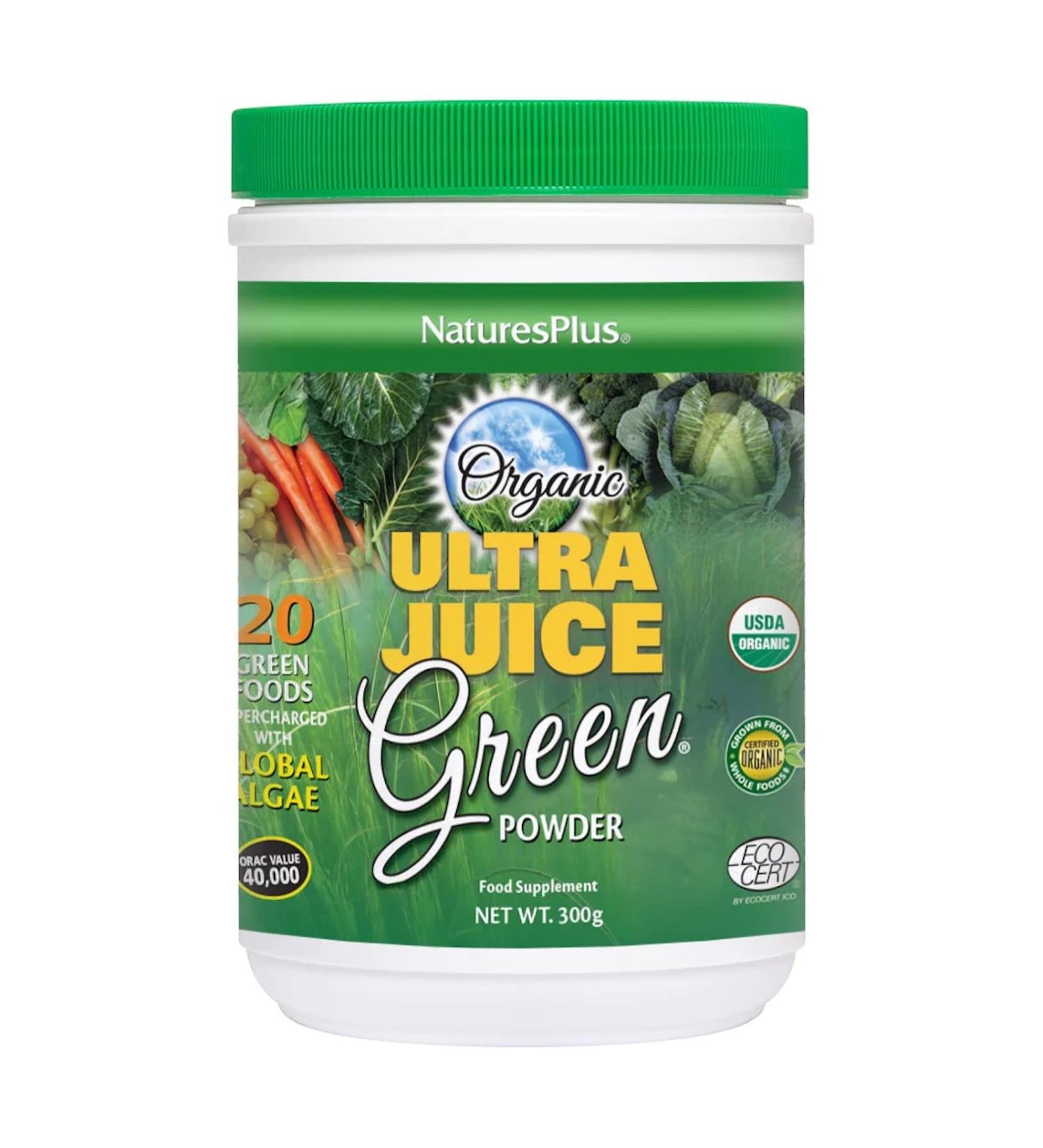 NaturesPlus Ultra Juice Green Powder - Organic Superfoods with Probiotics, Herbs, Spirulina, Chlorella, Chlorophyll - 300g Gluten Free Powder - Buy Online on GoSupps.com