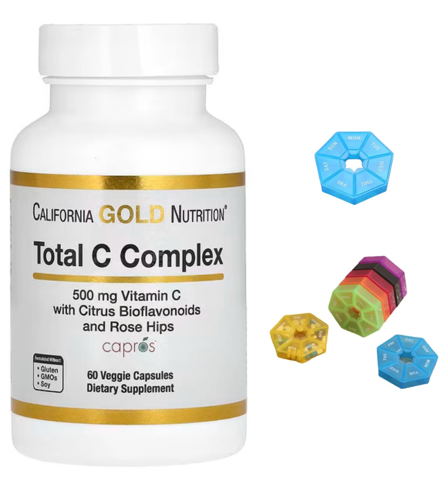 Total C Complex Compatible With California Gold Nutrition 500 mg 60 Veggie Capsules + Bonus Pill Organizer Weekly Pill Organizer Mini - Buy Online on GoSupps.com