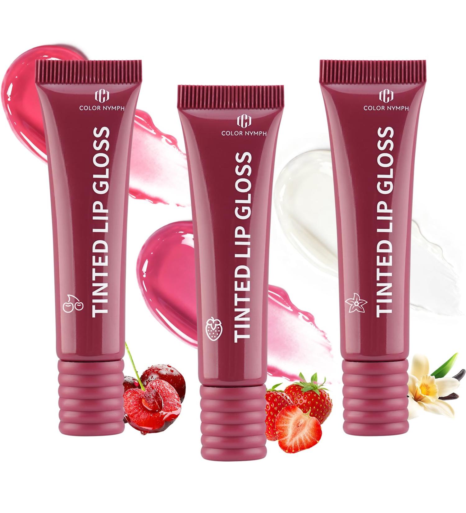 Color Nymph Tinted Lip Gloss Trio Nourishing Lip Balm Set with Shea Butter & VE Non-Sticky Intense Hydrating Lipgloss for Dry Lips Sheer Tint | Vegan & Cruelty-free #04 Strawberry Vanilla & Cherry - Buy Online on GoSupps.com