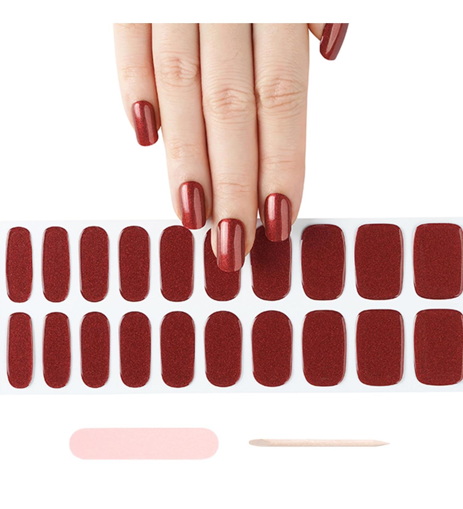 Semi Cured Gel Nails Strips 20 Stickers Christmas Red Shimmer Nail Wraps Soft Self-Adhesive Gel Nail Stickers Salon-Quality Gel Nail Strips for Nails Manicure UV/LED Lamp Required (Red Shimmer-184) - Buy Online on GoSupps.com