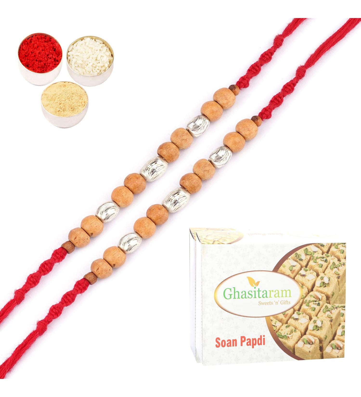 Ghasitaram Gifts Rakhi for Brother Rakhis Online - Set of 2- Rs-107 Rakhi Thread with 200 GMS of Soan Papdi Set of 2 Rakhis with 200 gms of Soan Papdi - Buy Online on GoSupps.com