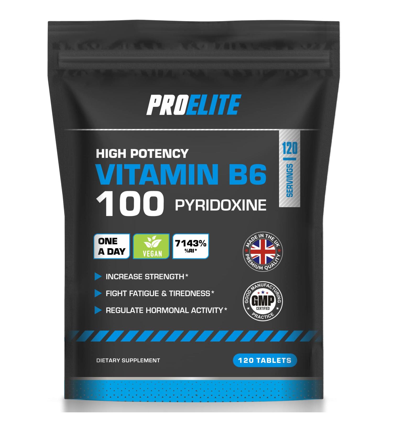 PRO-ELITE Vitamin B6 Tablets High Strength 100mg 120 Tablets Vegan Healthy Metabolism & Reduction of Tiredness & Fatigue Normal Immune & Nervous System Function - UK Made GMP Approved - Buy Online on GoSupps.com