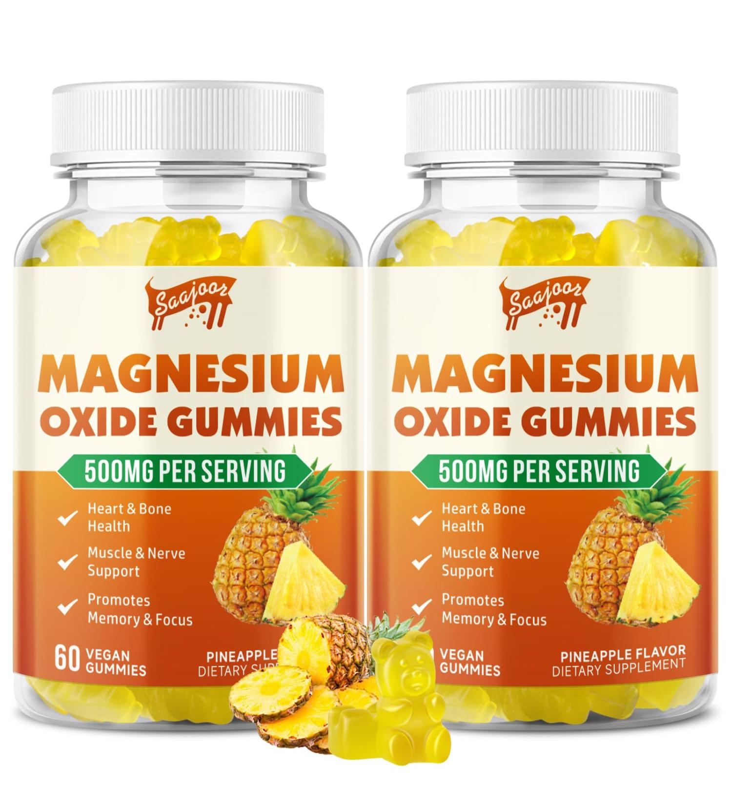 2 Pack Magnesium Oxide 500mg Gummies for Adults & Kids Supports Nerve Muscle & Bone Health Vegan Non-GMO Dietary Supplement with Pineapple Flavor 120 Gummies 2pack - Buy Online on GoSupps.com