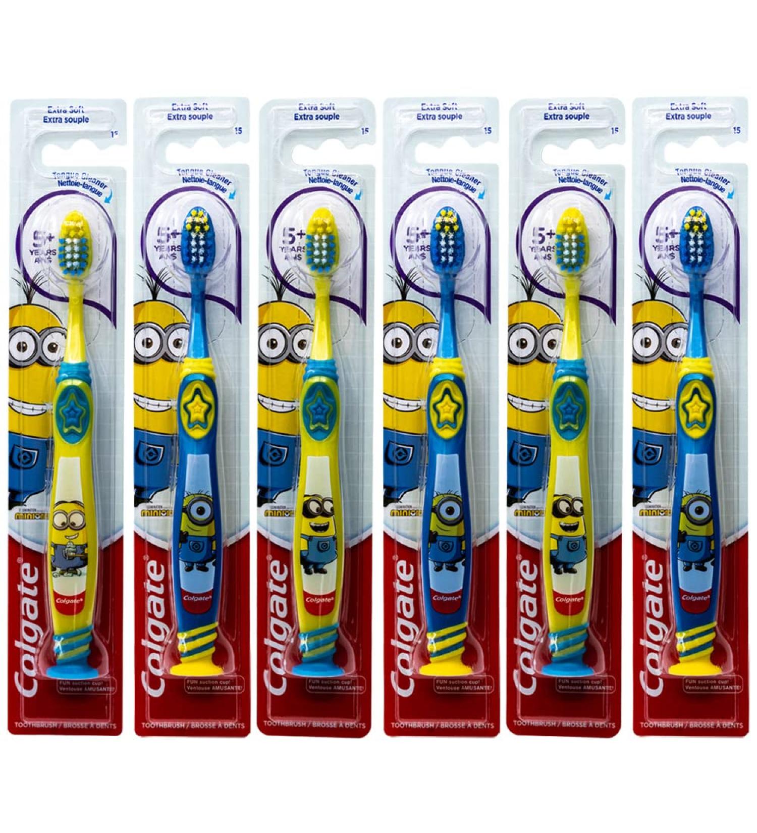 Colgate Minions Toothbrush with Suction Cup Tongue Cleaner 5+ Years Extra Soft - Pack of 6 | Colors Vary - Buy Online on GoSupps.com