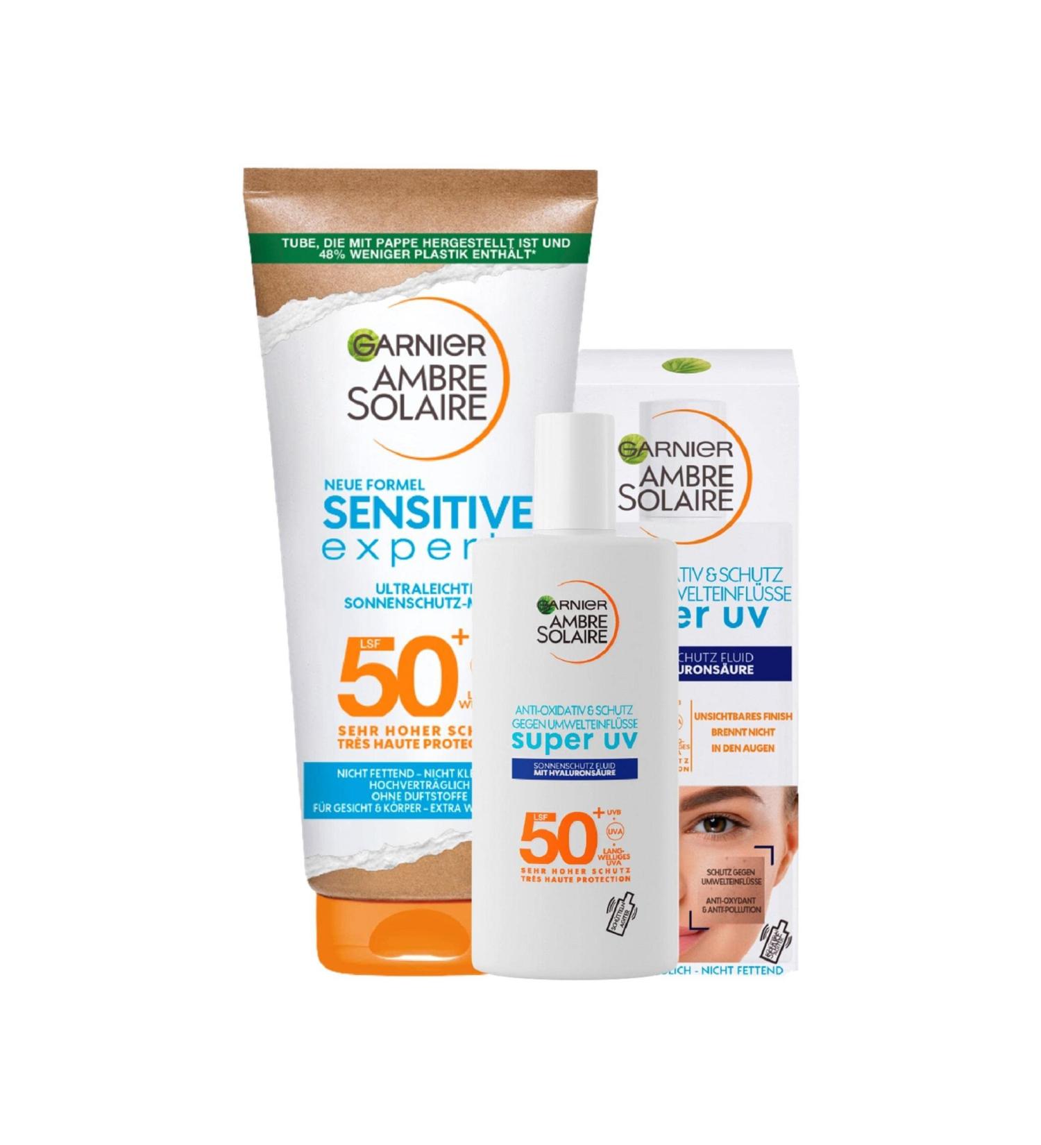 Garnier Sun Protection Set for Face and Body with Sun Protection Fluid SPF 50+ and Sun Lotion SPF 50+ Light and Invisible Formula Ambre Solaire 2 Pieces - Buy Online on GoSupps.com