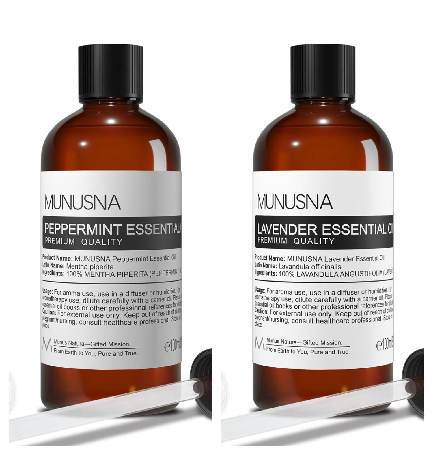 MUNUSNA Lavender Essential Oil and Peppermint Essential Oil Premium Grade Pure & Natural Essential Oils for Hair Body Skin Aromatherapy Diffuser Meditation Massage Home Candle Soap Bath Bomb - Buy Online on GoSupps.com