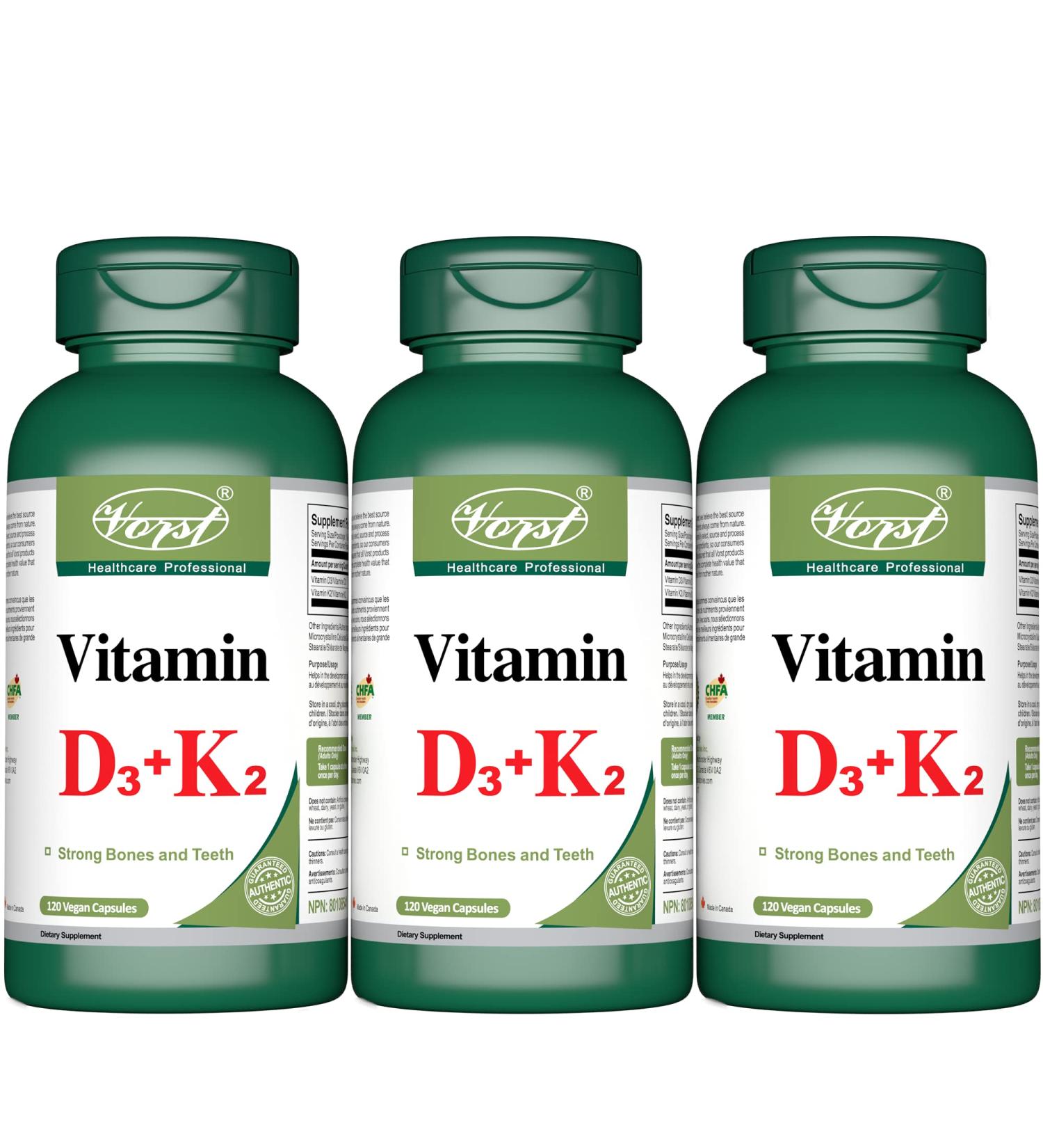 VORST Vitamin D3 + Vitamin K2 (1000 IU Vitamin D + 120mcg Vitamin K) 120 Vegan Capsules | Essential Supplement for Healthy Bones & Teeth | Powder Pills | Alternative to Drops Gummies & Sprays | 3 Bottles 3 count (Pack of 120) - Buy Online on GoSupps.com
