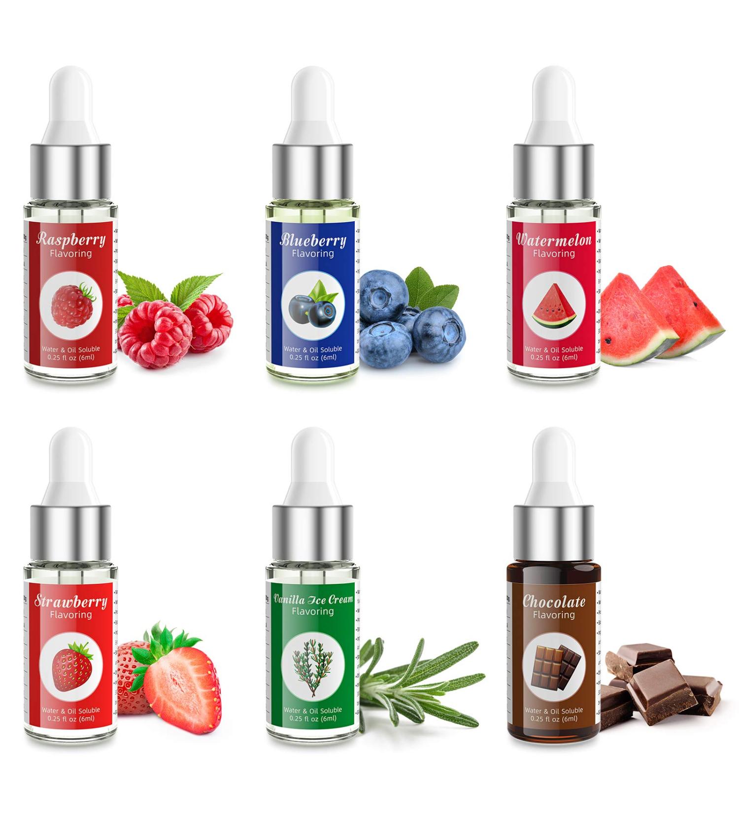 Nomeca Food Flavoring Oil Set - Fruit, Vanilla, Cream, Chocolate, Strawberry, Candy Flavors for Baking, Cooking, Lip Gloss - Water & Oil Soluble - 6x .2 Fl Oz Bottles with Dropper - Buy Online on GoSupps.com