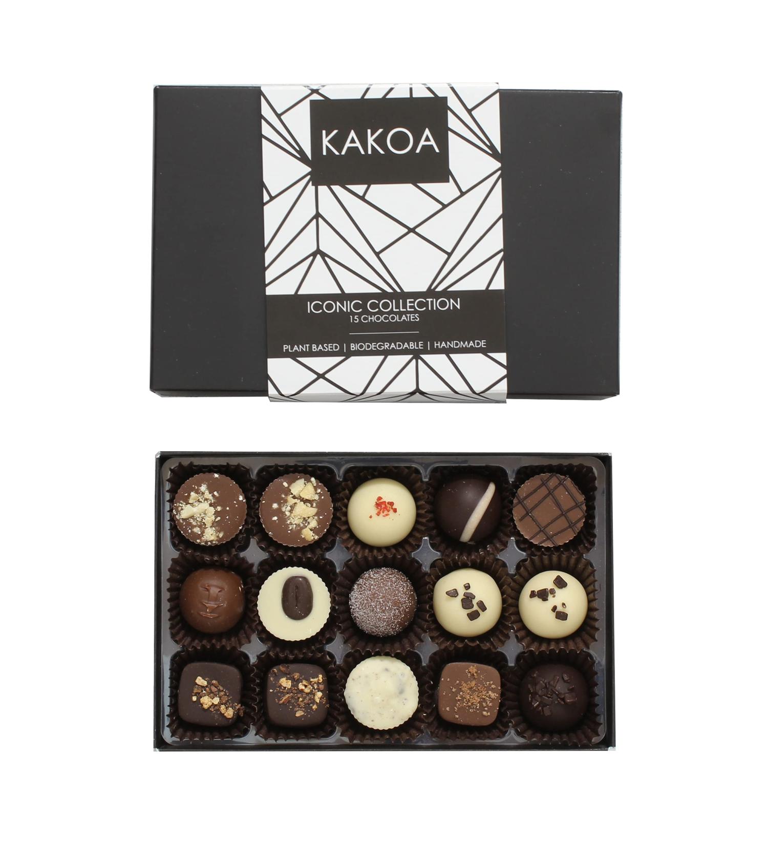 Shop Kocao Iconic Vegan Chocolate Box - 15 Gourmet Dairy-Free Chocolates with Brownie Coffee Caramel & Liqueur - International Shipping Available! - Buy Online on GoSupps.com