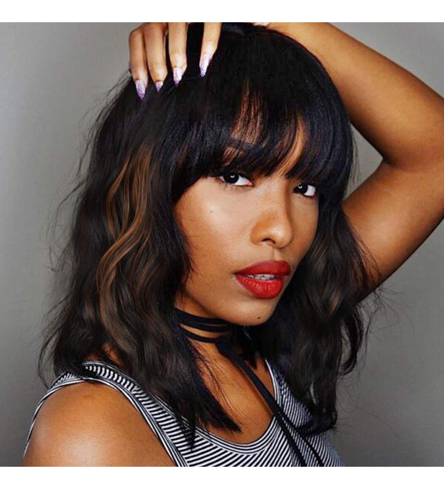 12 Inch Black Mixed Brown Highlights Short Curly Bob Wig with Bangs | Medium Wavy Shoulder Length Wig | Natural Looking Heat Resistant Fiber Hair for Women - BB1201NT - Buy Online on GoSupps.com
