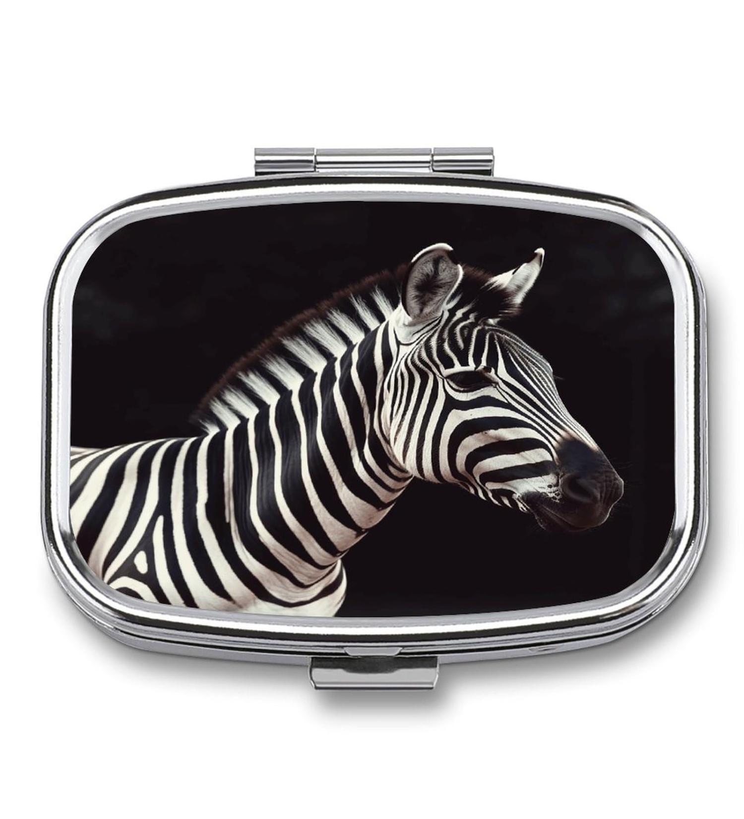 Zebra Print Pill Box - Stylish 2 Compartment Pill Organizer | Portable Decorative Metal Medicine Case for Pocket & Purse - Buy Online on GoSupps.com