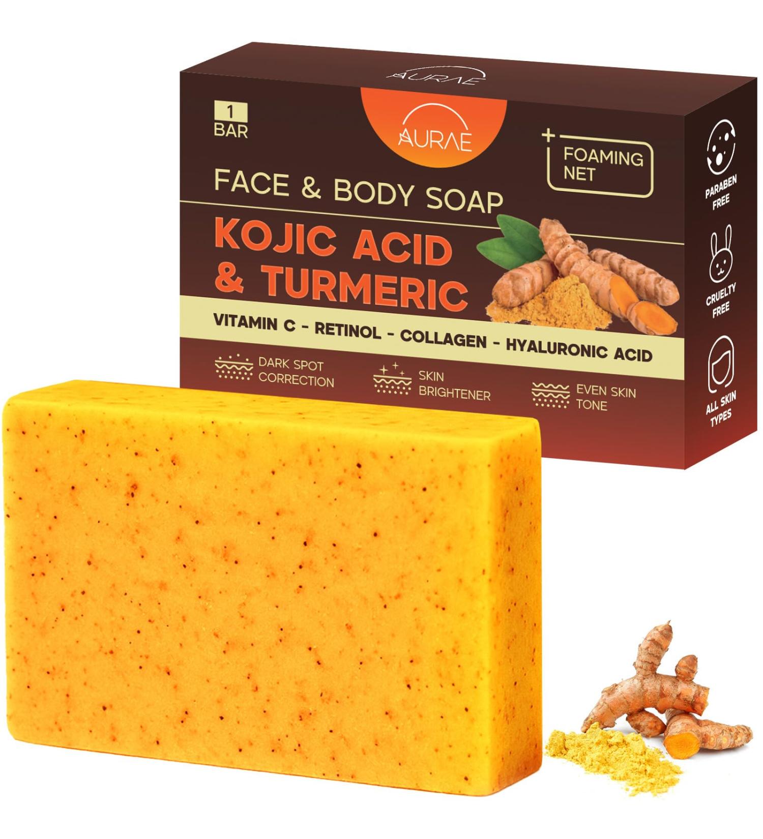AURAE Kojic acid and turmeric soap for dark spots brightening and moisturizing for face and body with vitamin C retinol collagen and hyaluronic acid paraben and SLS free (100 g x 1