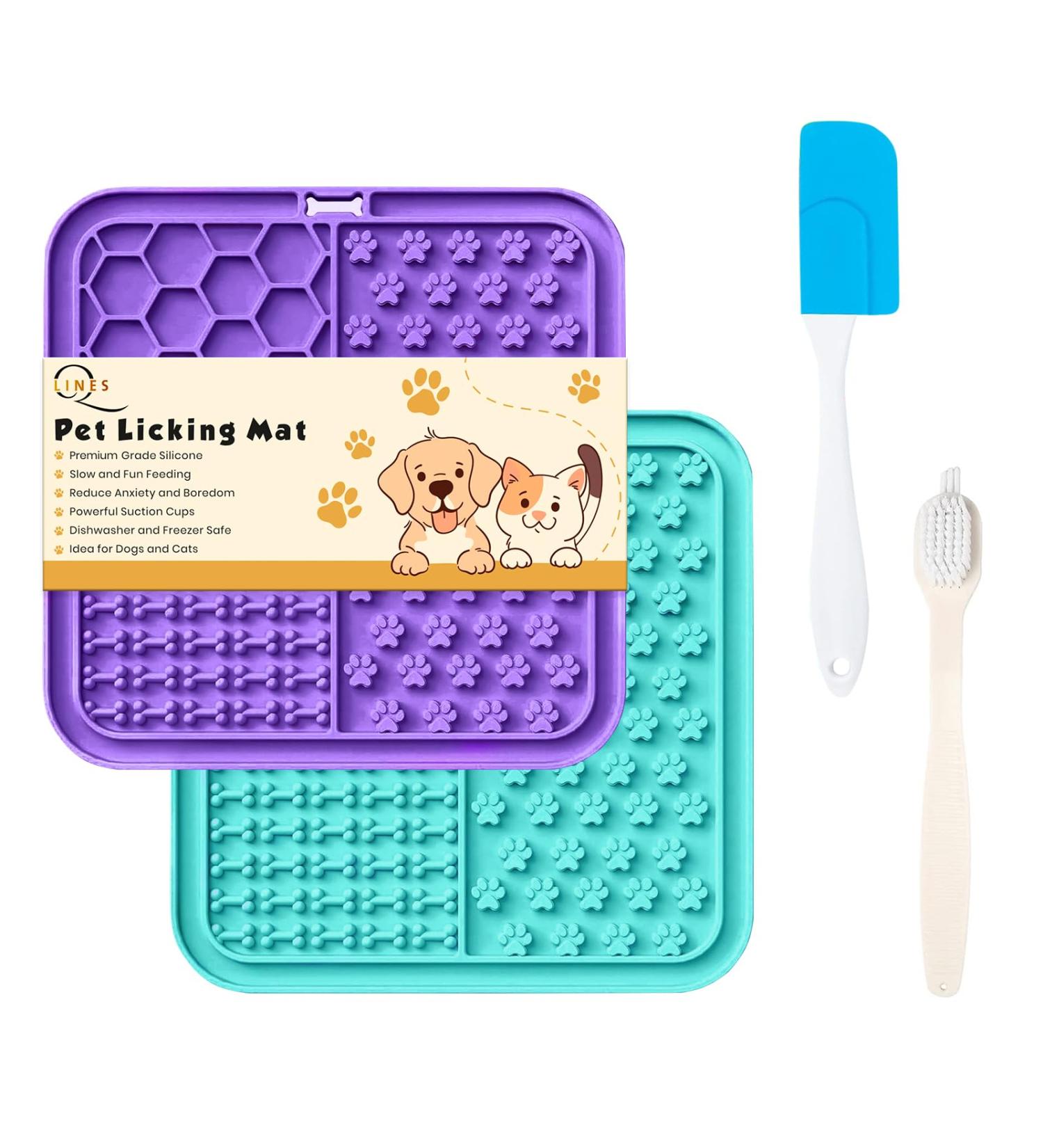 Licky Mats for Dogs Pack of 2 Licky Mats With Spatula - Dogs Accessories Bathing Training Pad With Strong Suction Cup - Slow Pet Feeder For Food Treats Peanut Butter (Light Blue/Purple) - Buy Online on GoSupps.com