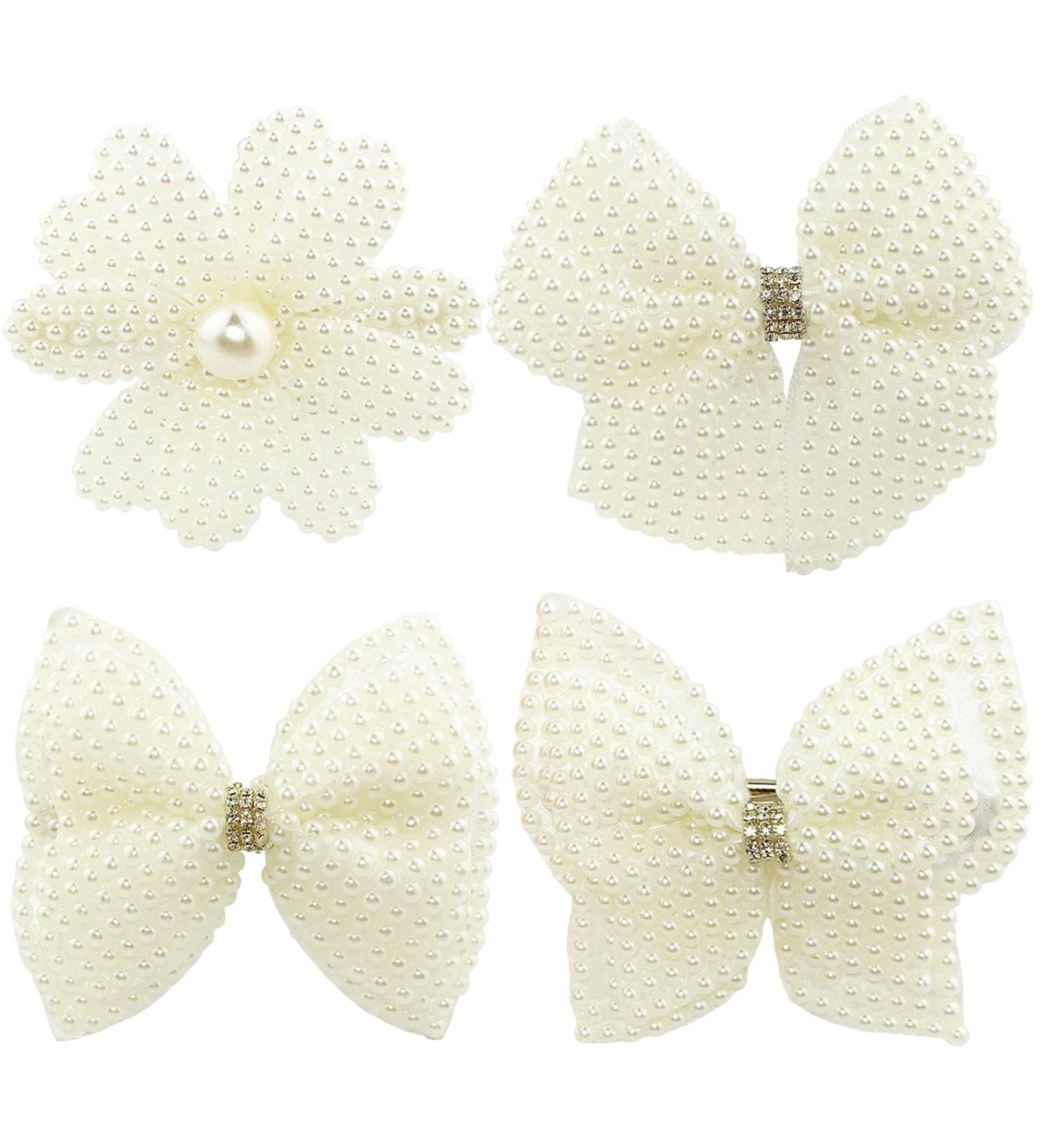 White Pearl Hair Bows Set - Elegant Flower Rhinestone Hair Clips for Girls, Teens, and Women - Buy Online on GoSupps.com