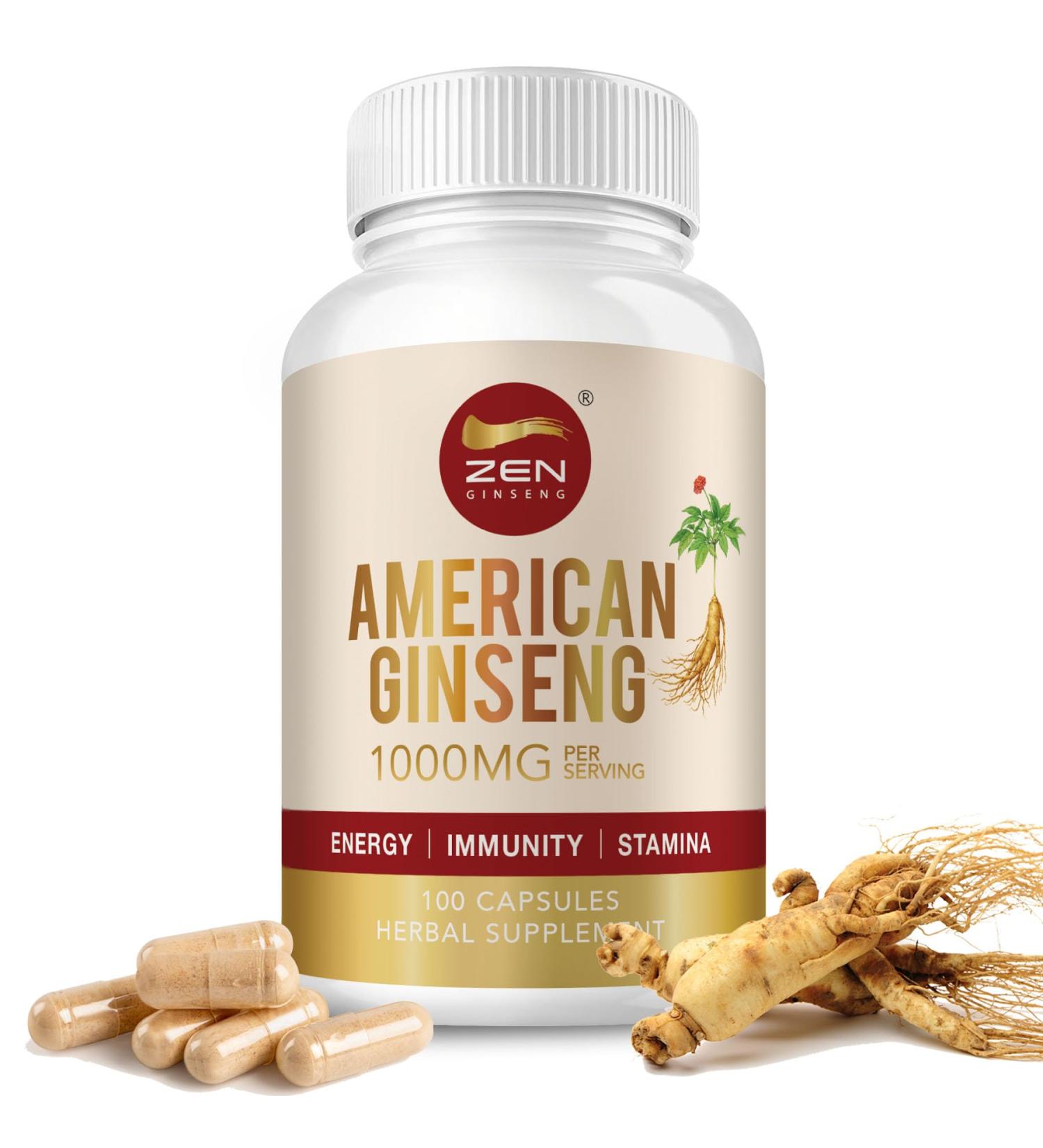 Zen American Ginseng 500mg - 100 Capsules. Premium Quality Panax Quinquefolius Daily Supplement - Buy Online on GoSupps.com