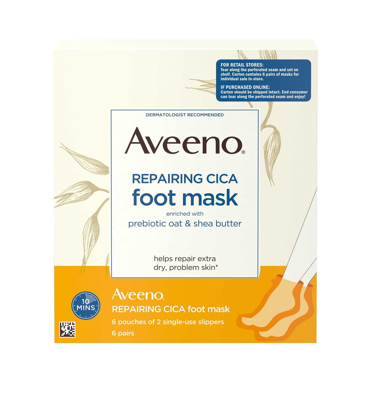 Aveeno Repairing CICA Foot Mask with Prebiotic Oat and Shea Butter - 6 Pairs of Moisturizing Slippers for Extra Dry Skin - Buy Online on GoSupps.com