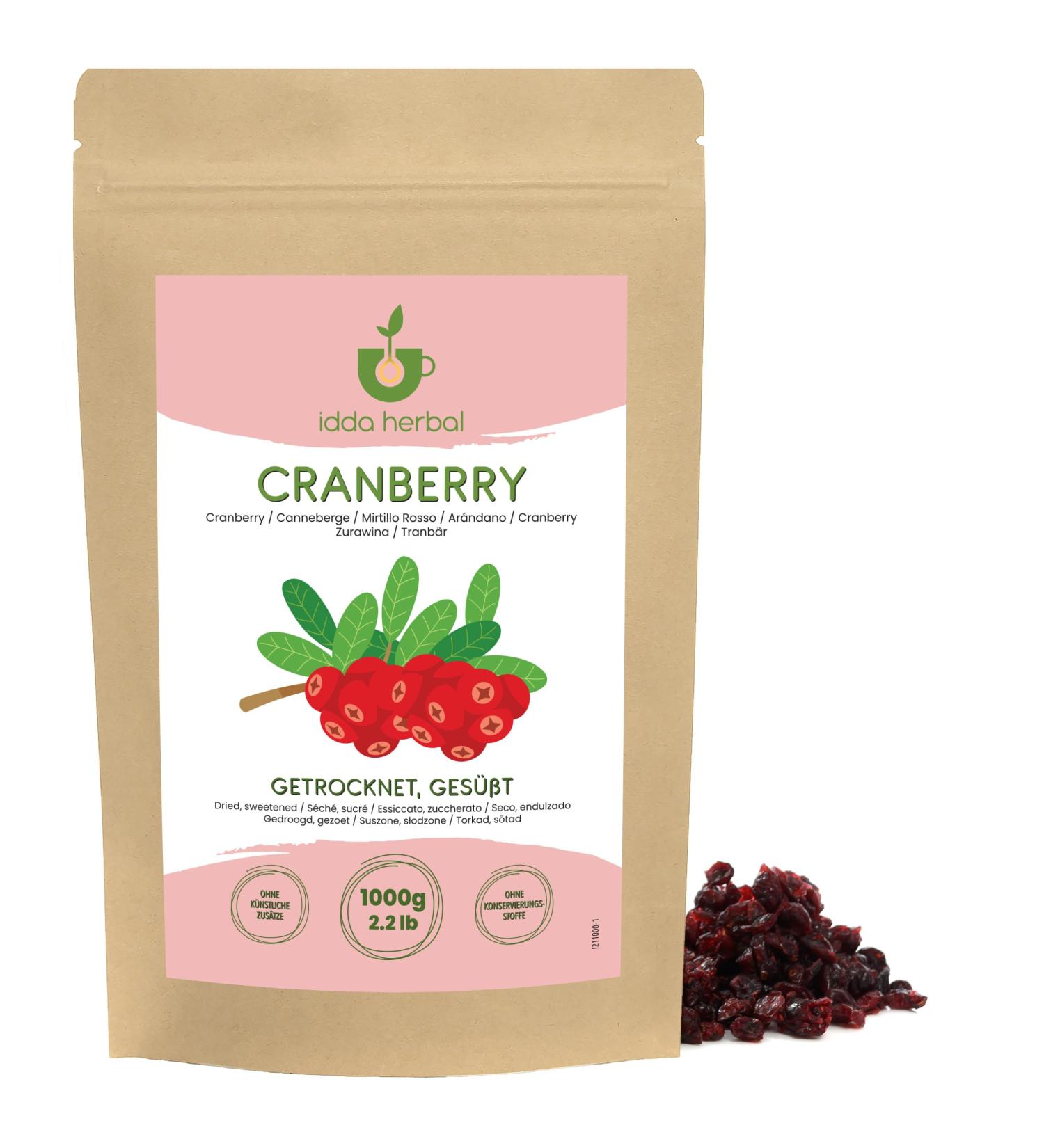 IDDA Herbal Dried Cranberries 1kg Whole Dried Cranberries Sweetened with Apple Juice - Buy Online on GoSupps.com