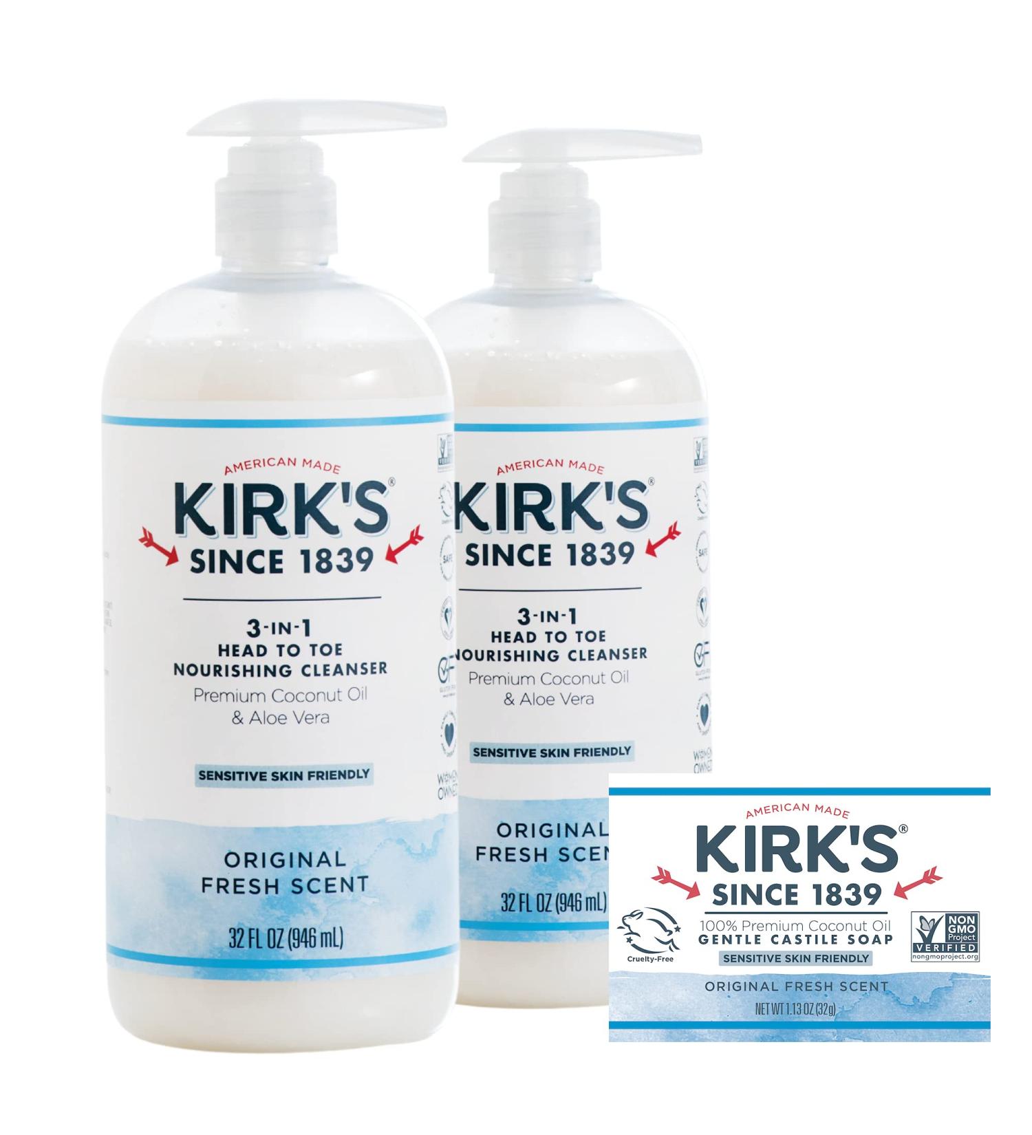 Kirk's 3-in-1 Castile Liquid Soap + Travel Bar Soap Set - Head-to-Toe Clean for Men, Women & Kids - Original Fresh Scent - 32 Fl Oz (2 Pack) - Buy Online on GoSupps.com