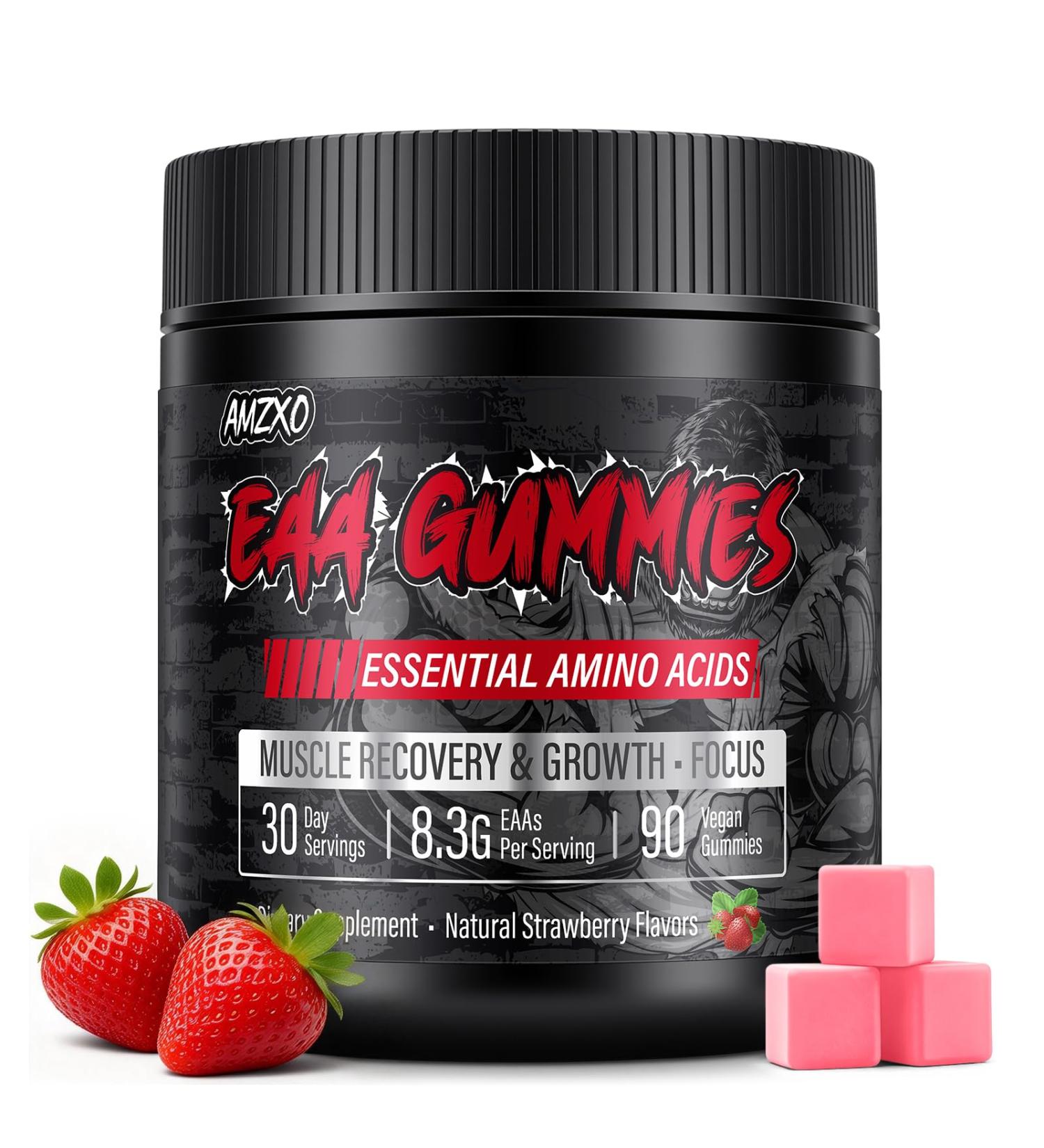 EAA Gummies - 2:1:1 BCAA Formula (8300mg) - Essential Amino Acids for Muscle Recovery & Endurance - Non-GMO Gluten Free Sugar Free Vegetarian Strawberry Flavor - 90 Count - Buy Online on GoSupps.com