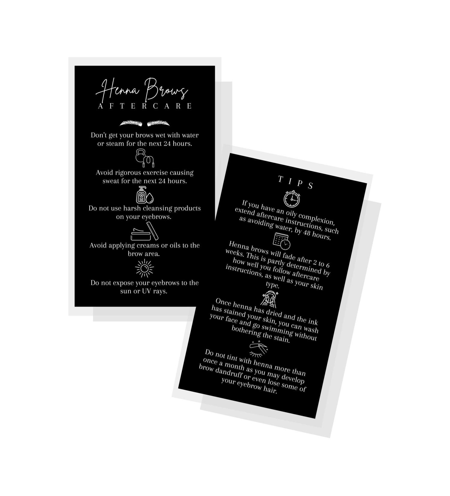 Brow Henna Aftercare Cards | 2x3.5 Business Card Size | Brow Artist Supplies | Henna Brow Care Tips | Black and White Design - Buy Online on GoSupps.com