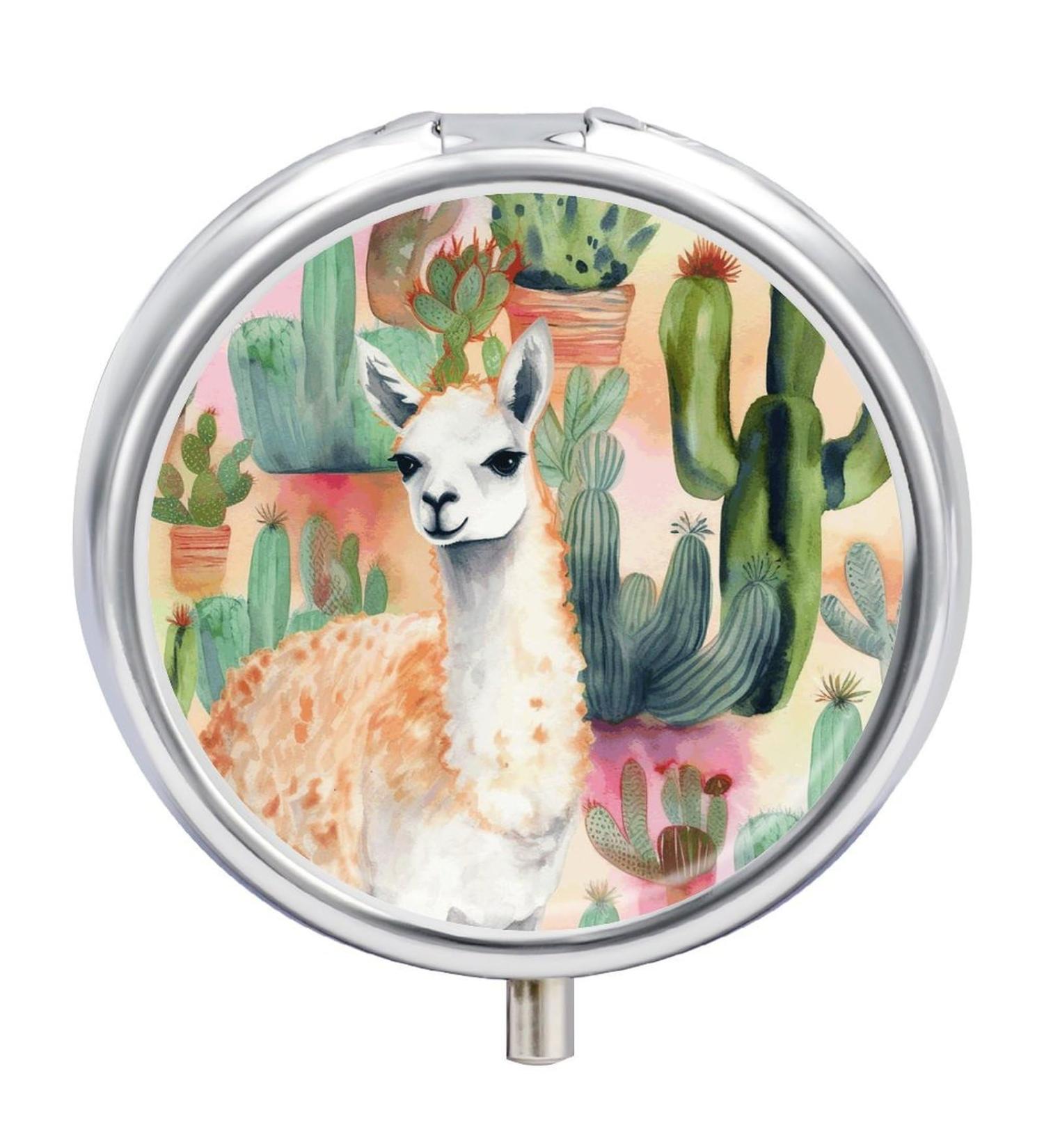 Round Pill Box - White Alpaca Watercolor & Cactus Print | 3 Compartment Portable Pill Organizer - Decorative Metal Pocket Pill Case for Medication - Buy Online on GoSupps.com